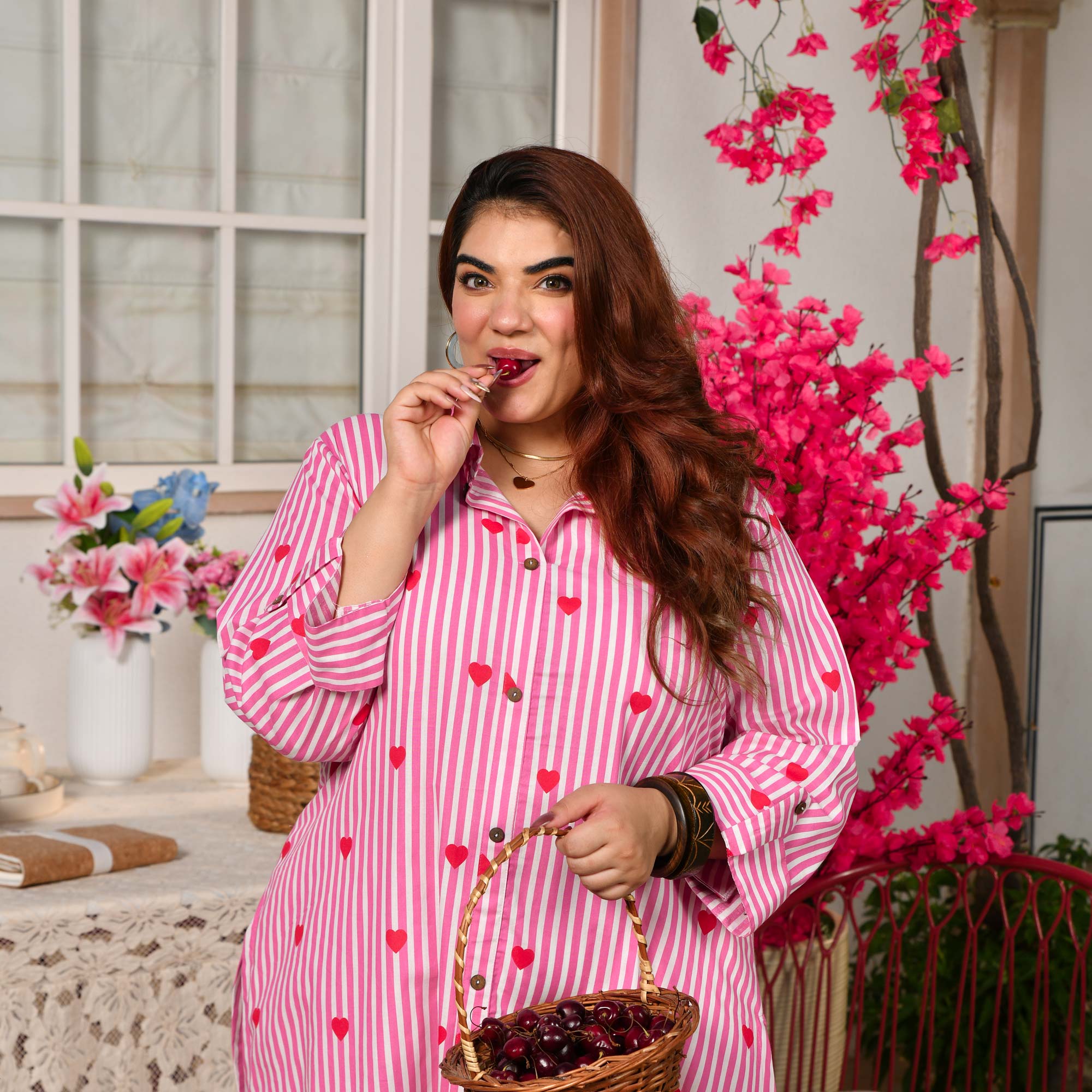 Blosoom- Strawberry Pink Love Striped Pure Cotton Aline Kurta