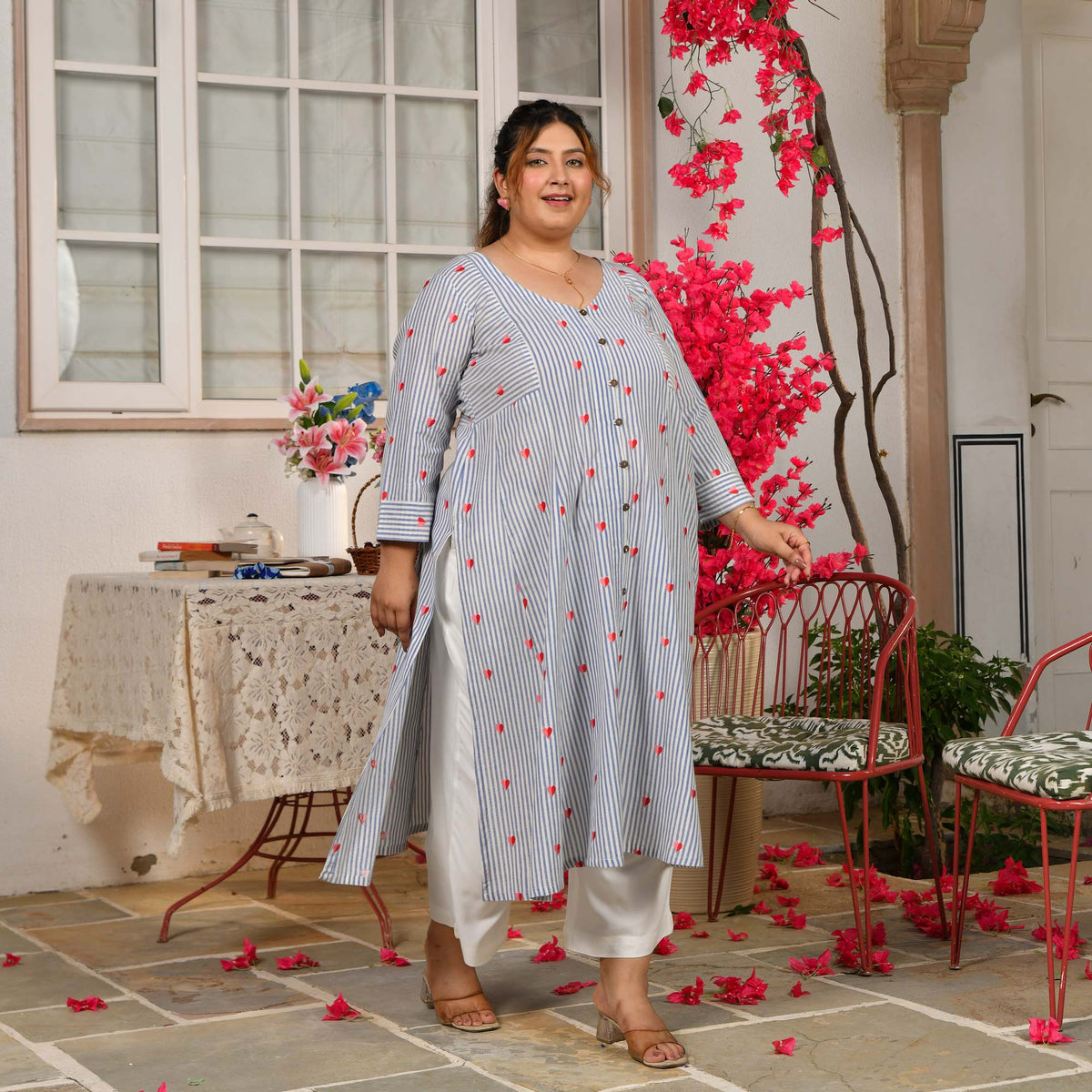 Bubbles- Linen Blue Love Striped Pure Cotton Aline Kurta