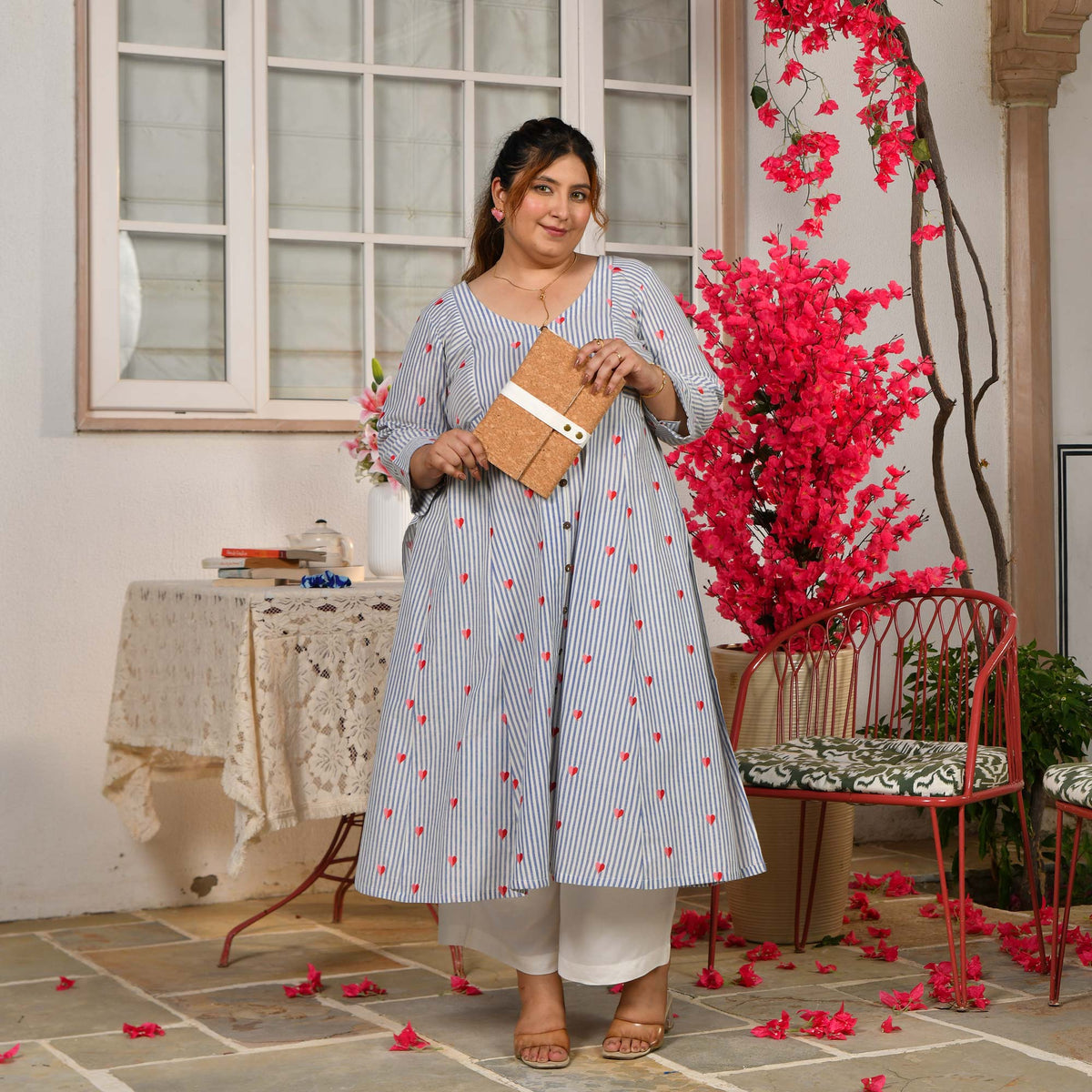 Bubbles- Linen Blue Love Striped Pure Cotton Aline Kurta