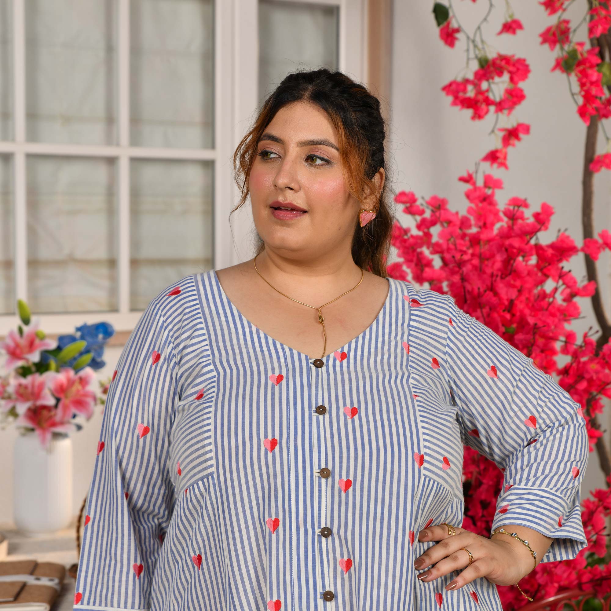 Bubbles- Linen Blue Love Striped Pure Cotton Aline Kurta