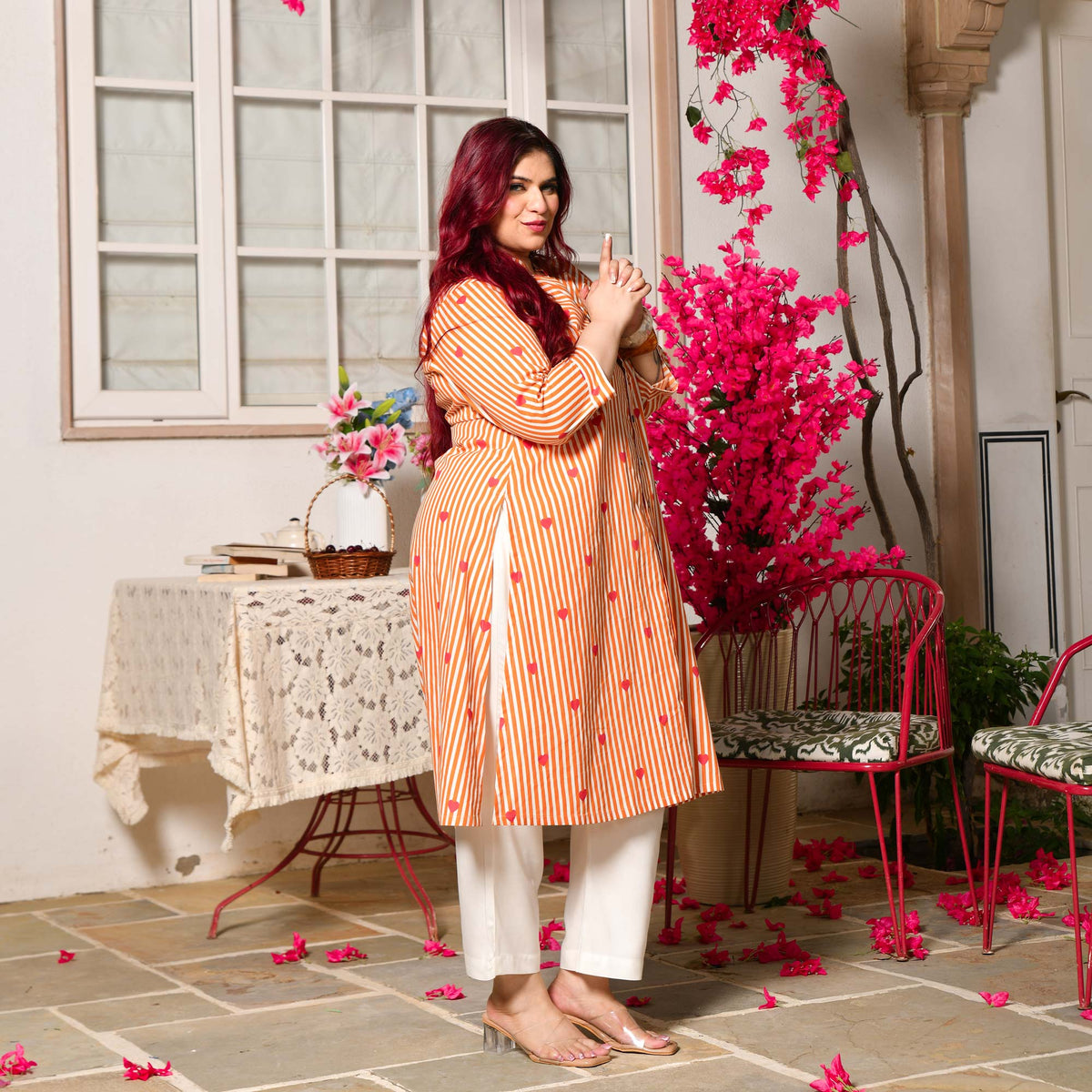 Buttercup- Orange Love Striped Pure Cotton Aline Kurta