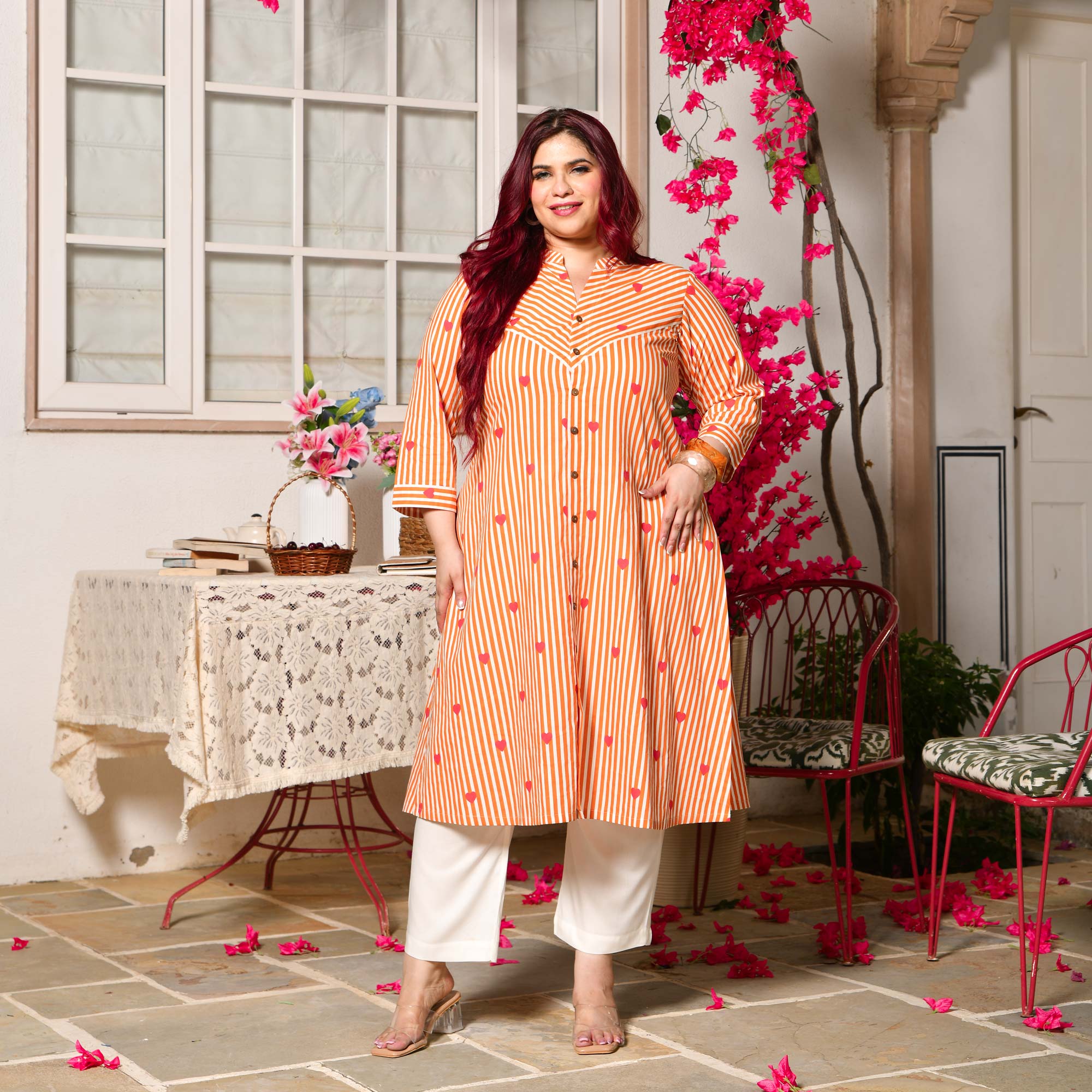 Buttercup- Orange Love Striped Pure Cotton Aline Kurta