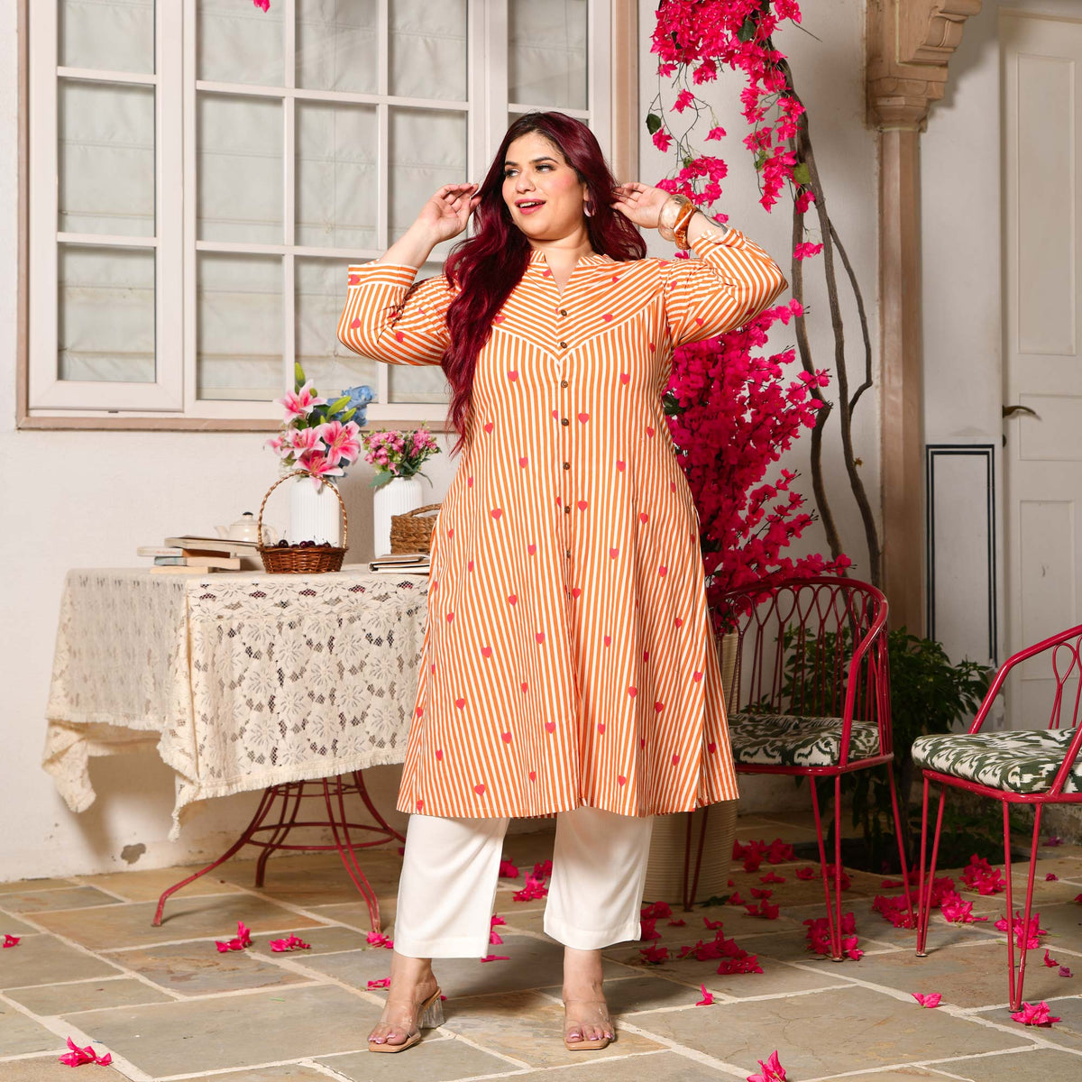 Buttercup- Orange Love Striped Pure Cotton Aline Kurta