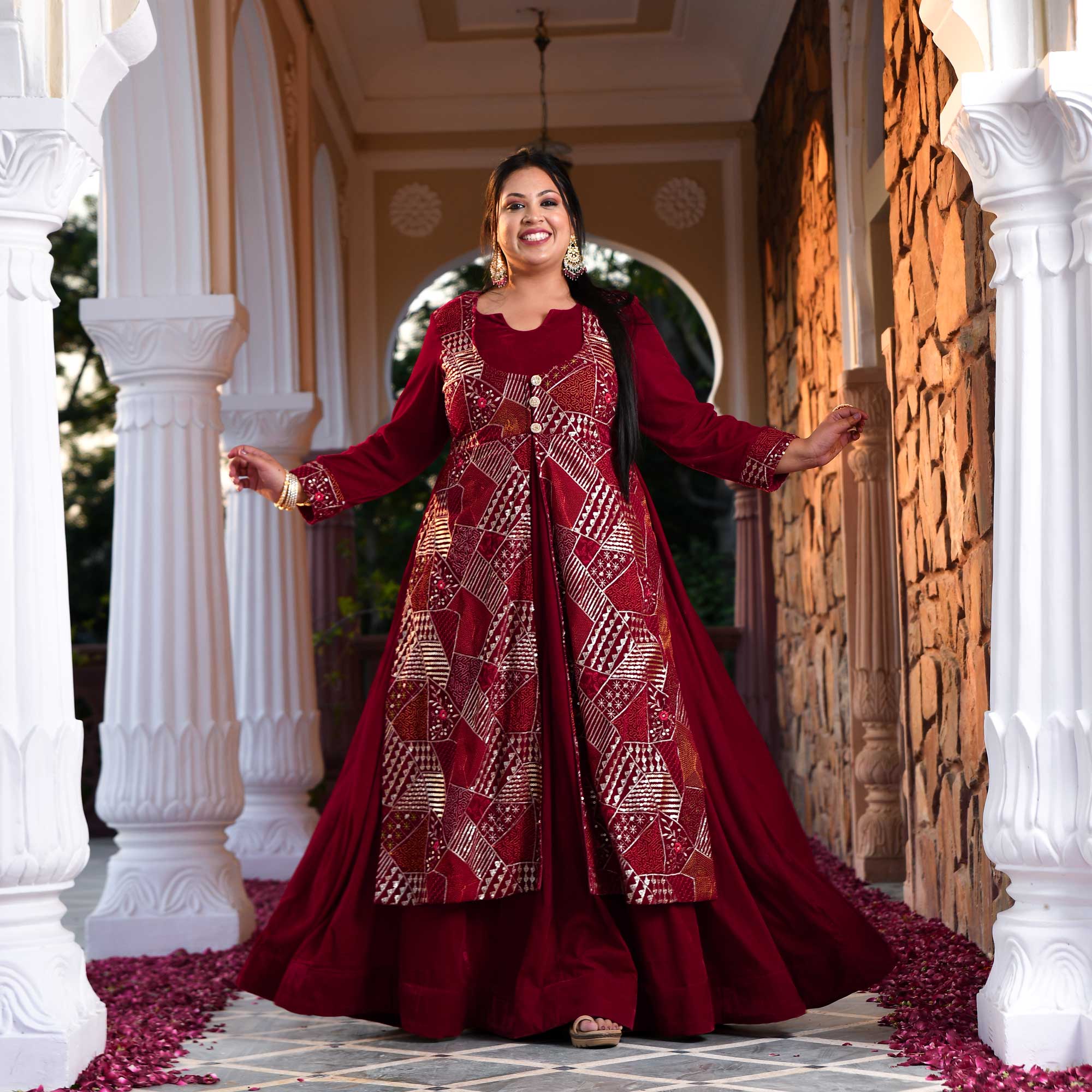 Maroon Velvet Verve Sequin Embroidered Anarkali With Attached Jacket