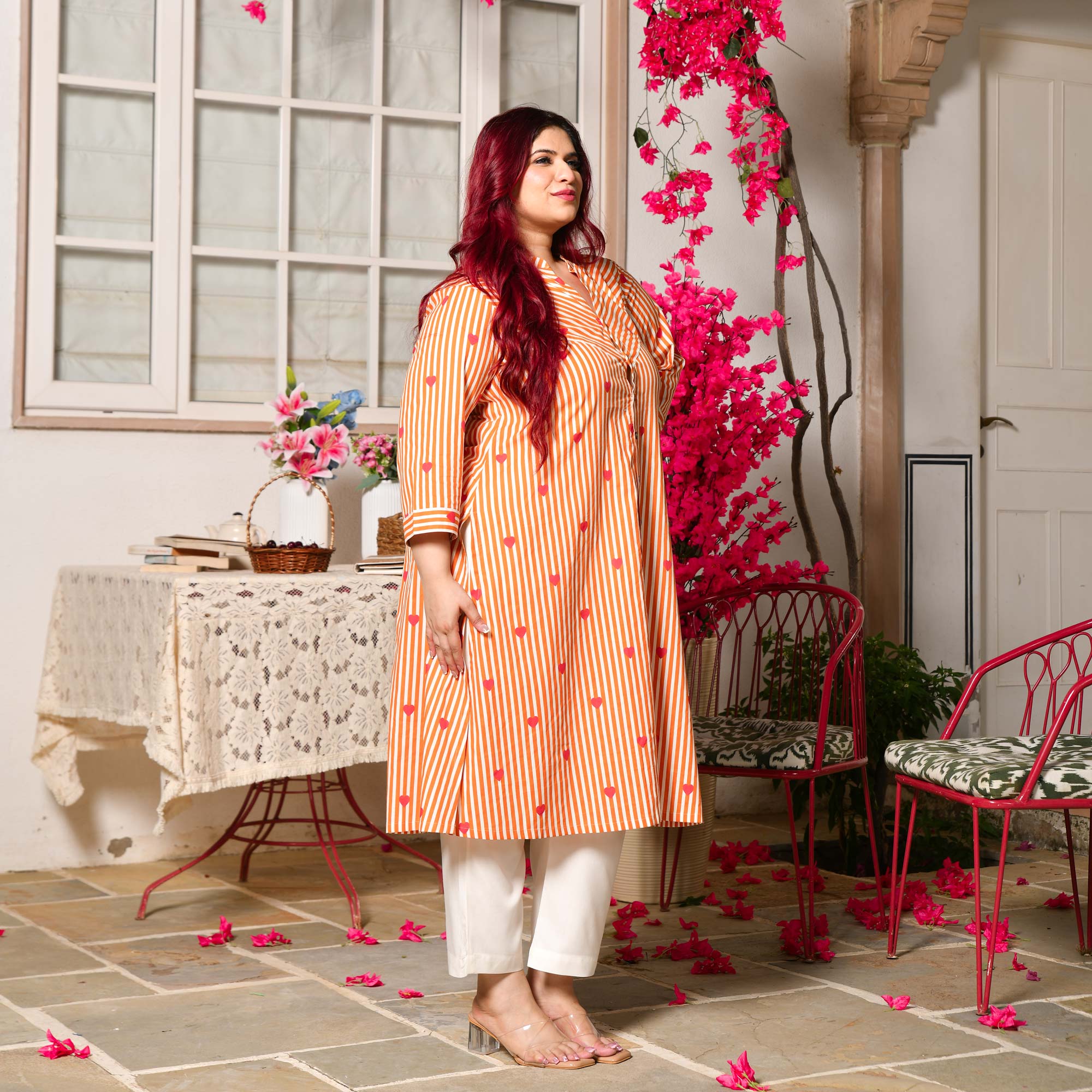 Buttercup- Orange Love Striped Pure Cotton Aline Kurta