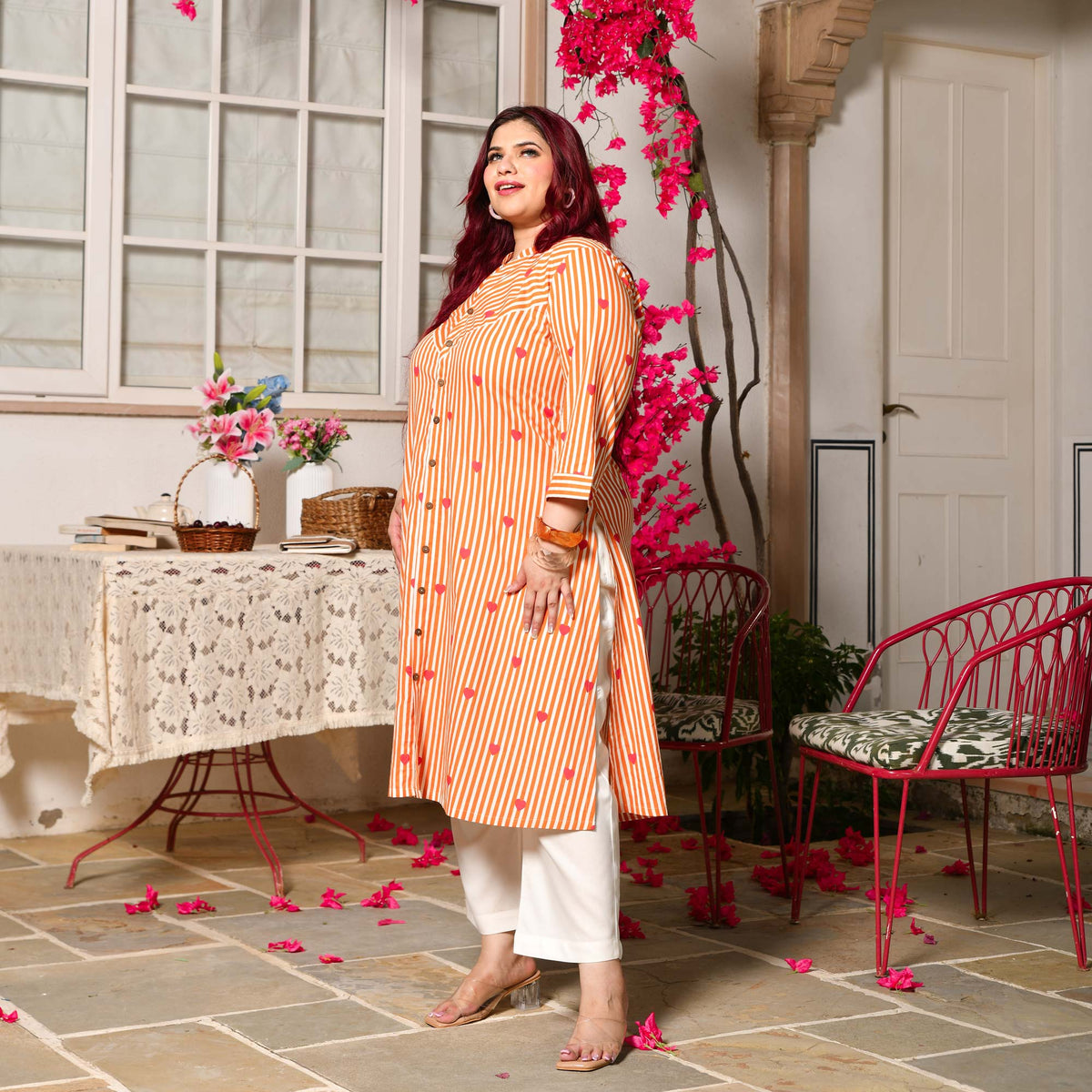 Buttercup- Orange Love Striped Pure Cotton Aline Kurta