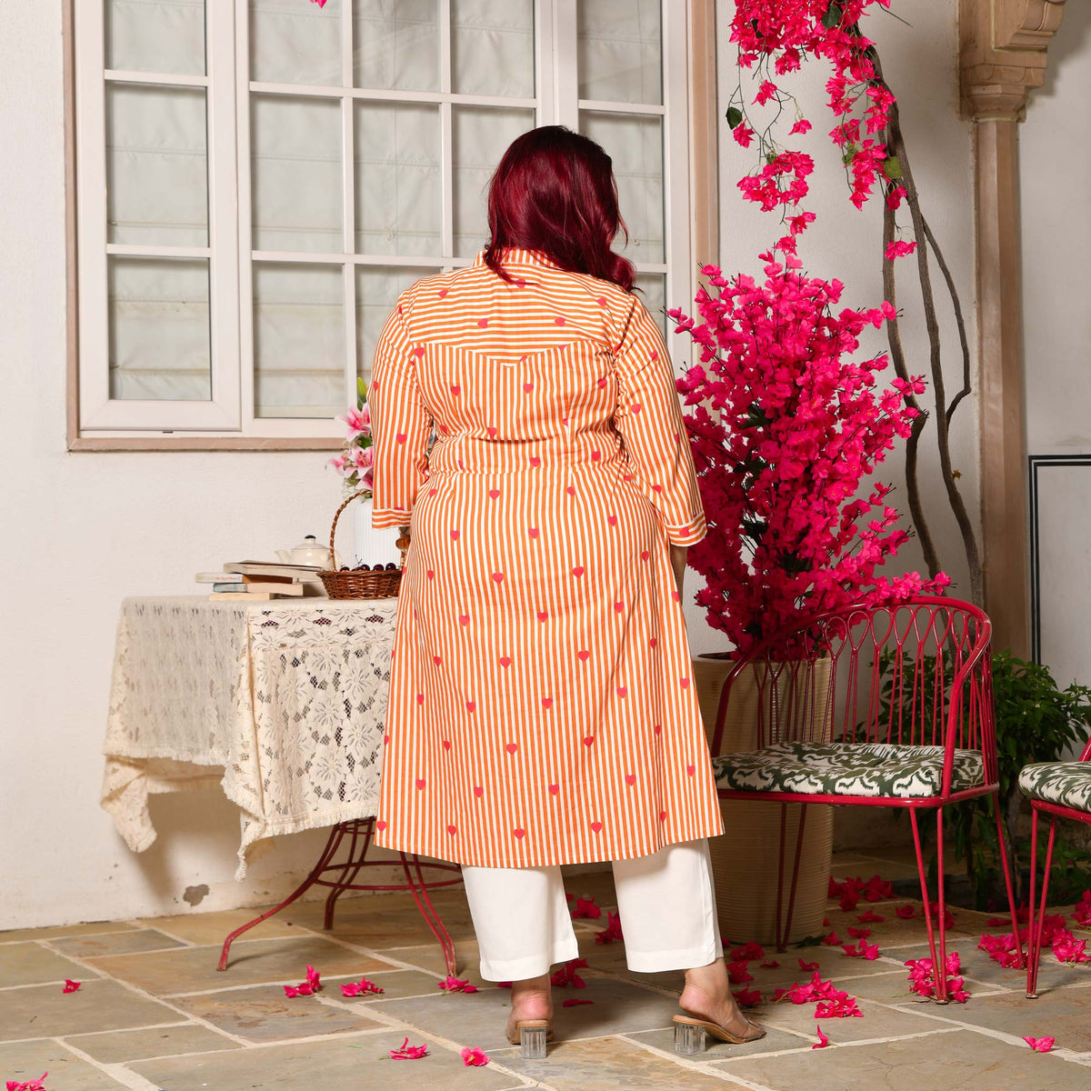 Buttercup- Orange Love Striped Pure Cotton Aline Kurta