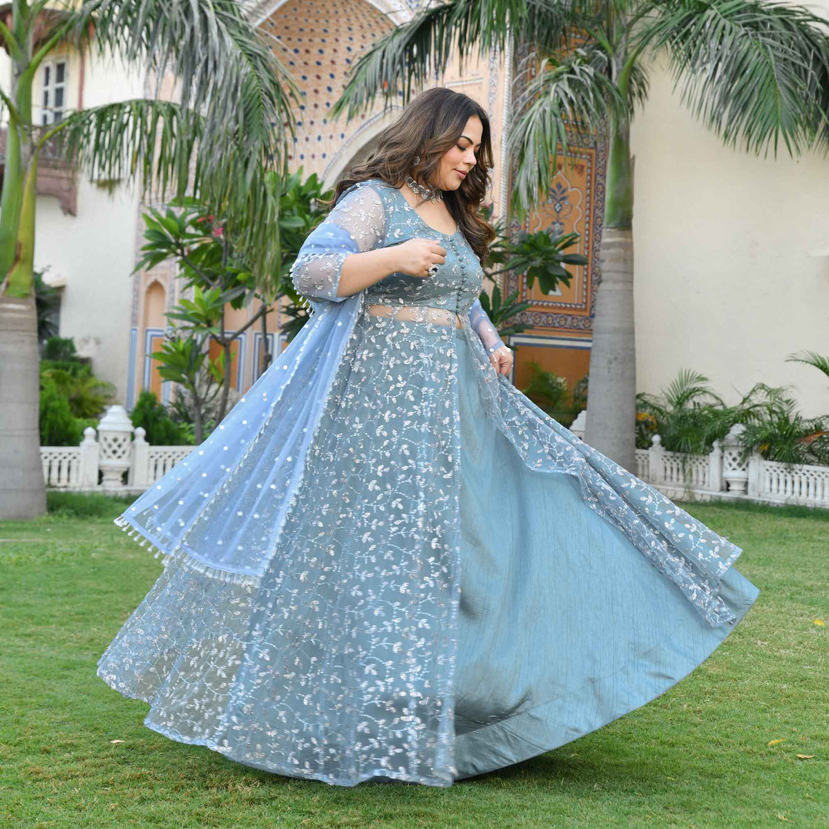 Orion- Ocean Breeze Sequin & Cutdana Embroidered Net Cape Lehenga Set