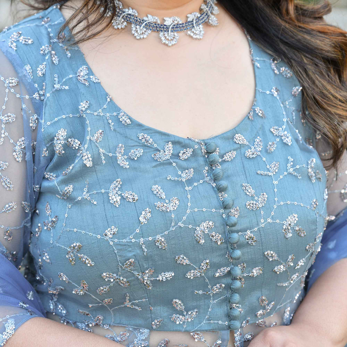 Orion- Ocean Breeze Sequin & Cutdana Embroidered Net Cape Lehenga Set