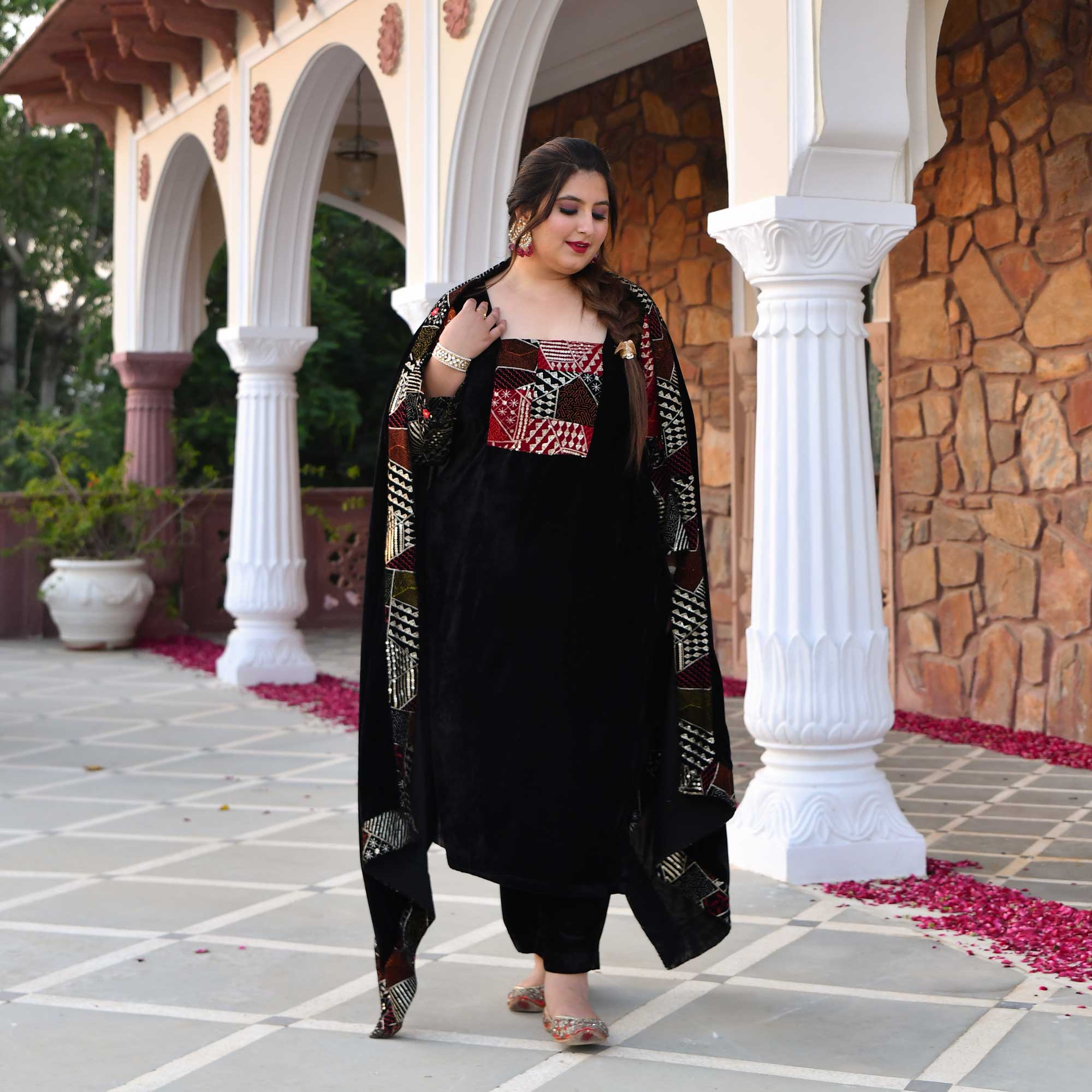 Midnight Black Velvet Sequin Embroidered Kurta