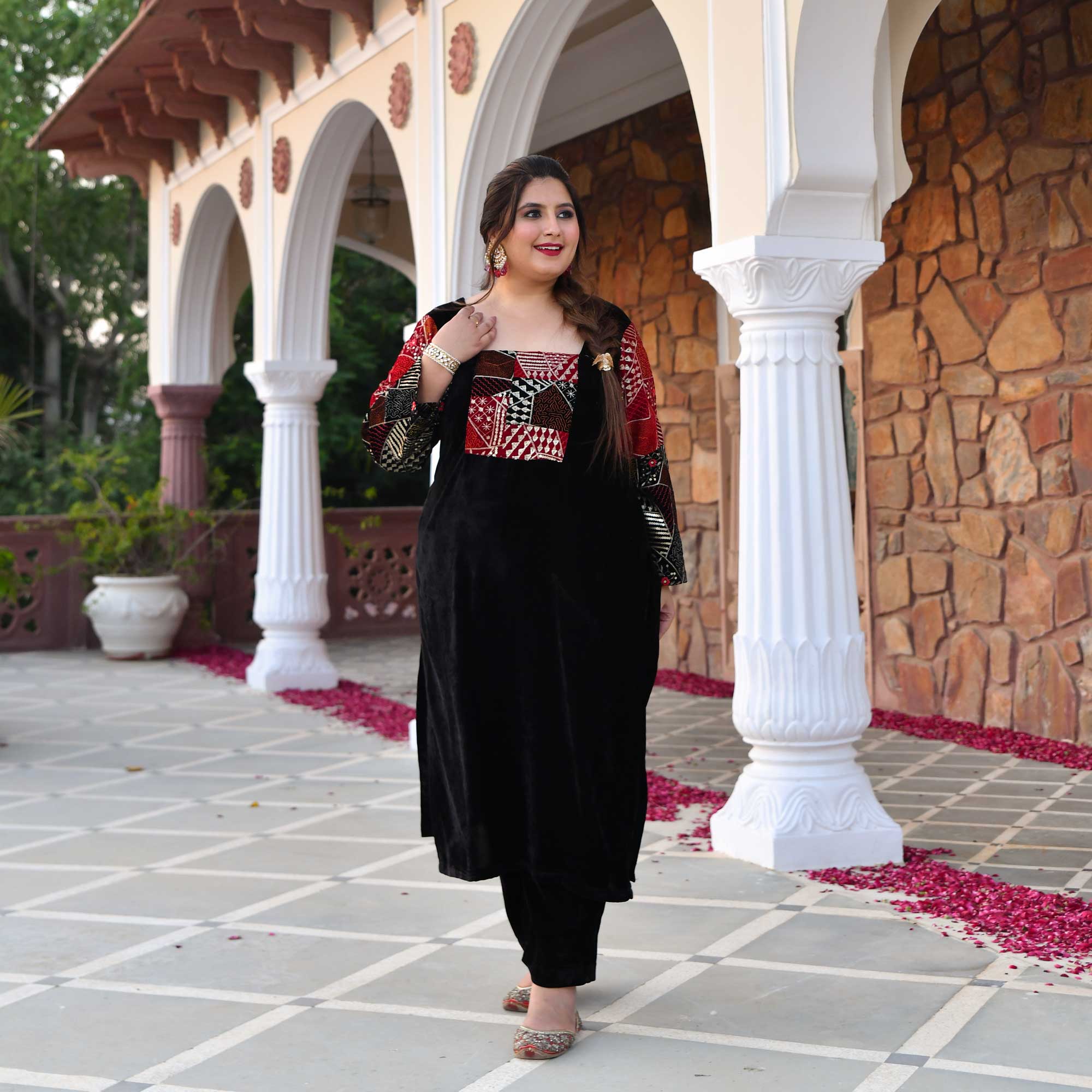 Midnight Black Velvet Sequin Embroidered Kurta