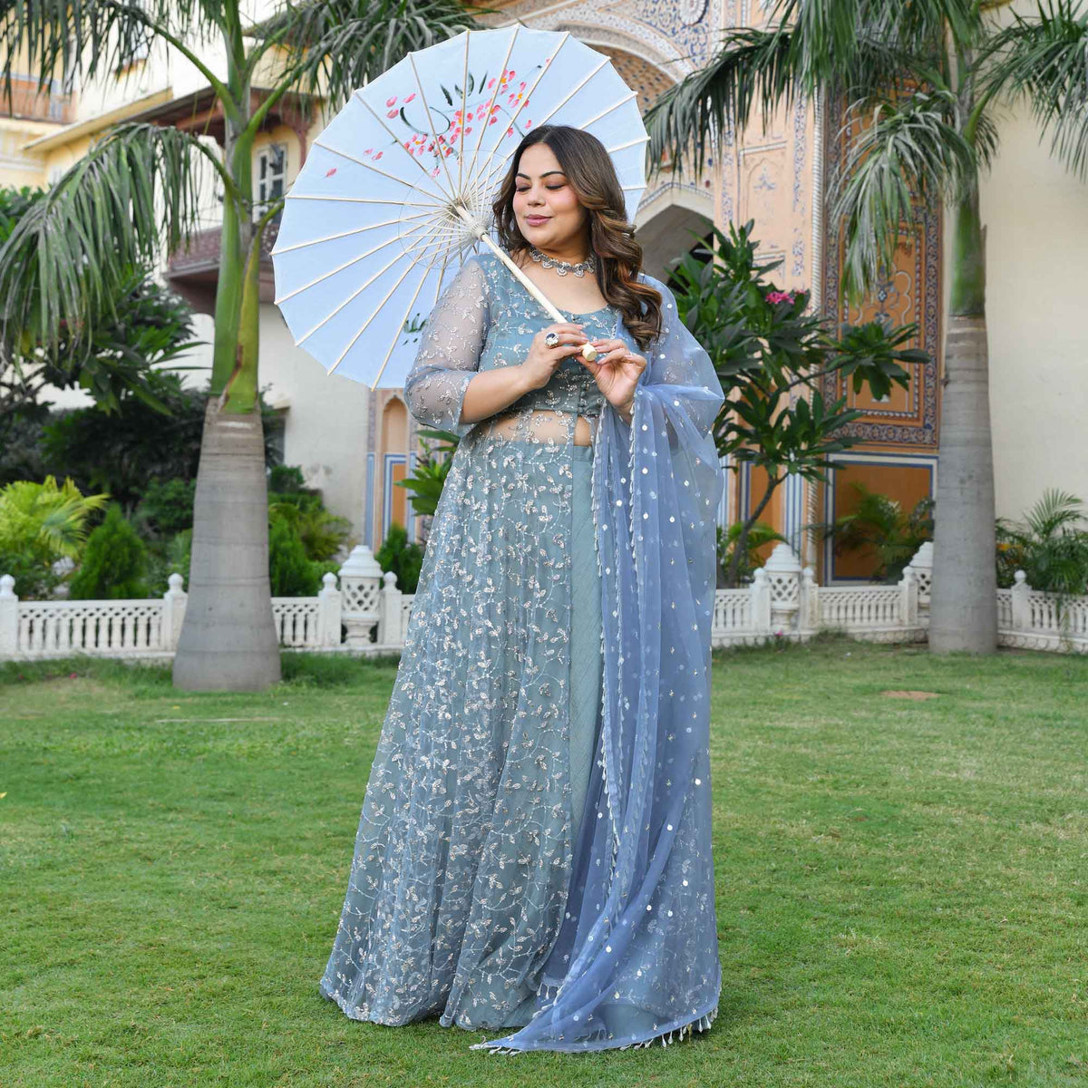 Orion- Ocean Breeze Sequin & Cutdana Embroidered Net Cape Lehenga Set