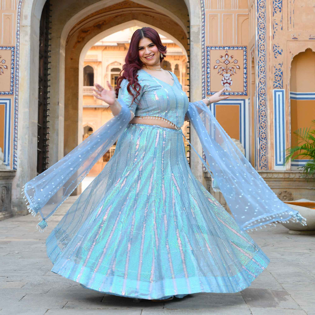 Aphrodite- Soft Metallic Blue Sequin Embroidered Lehenga Set