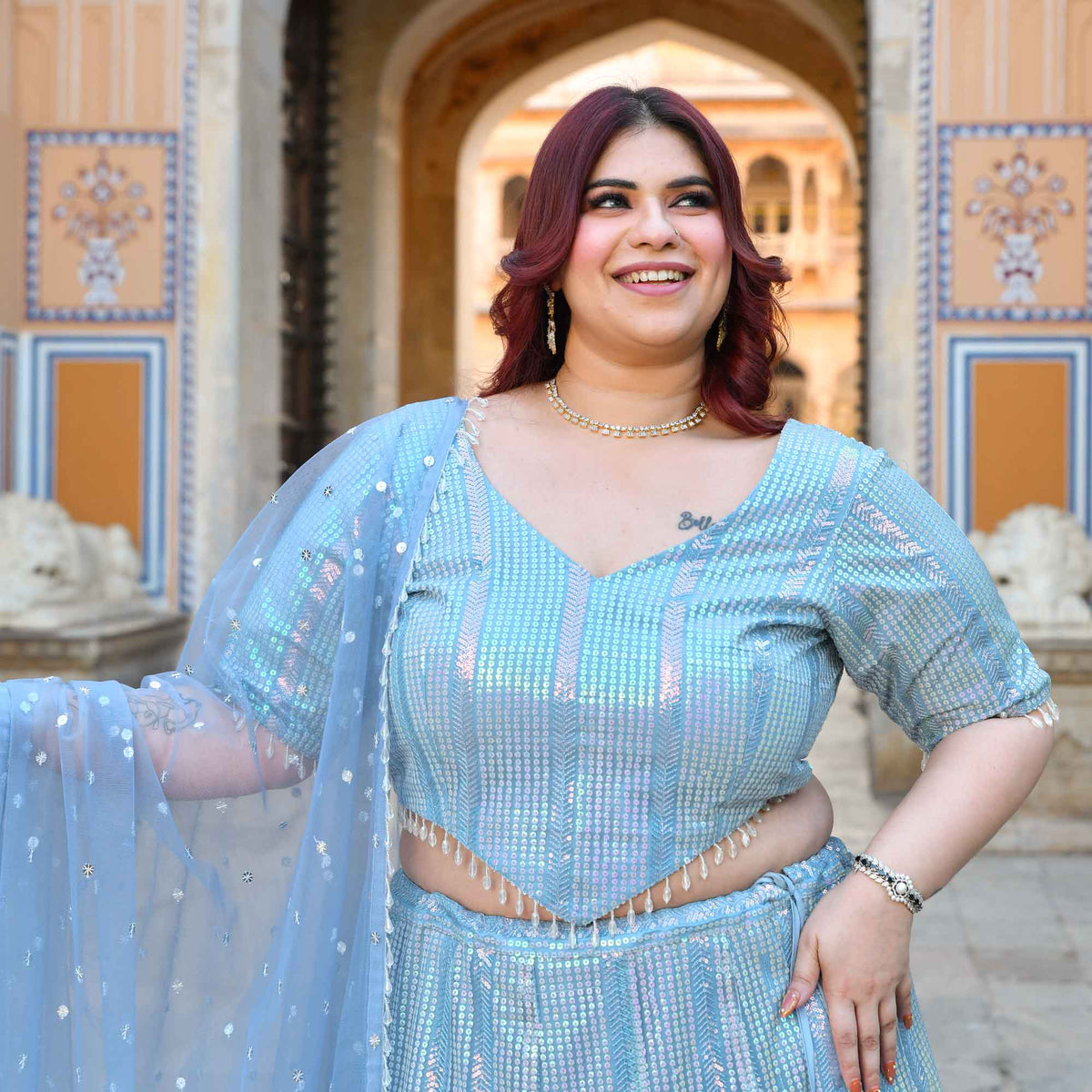 Aphrodite- Soft Metallic Blue Sequin Embroidered Lehenga Set
