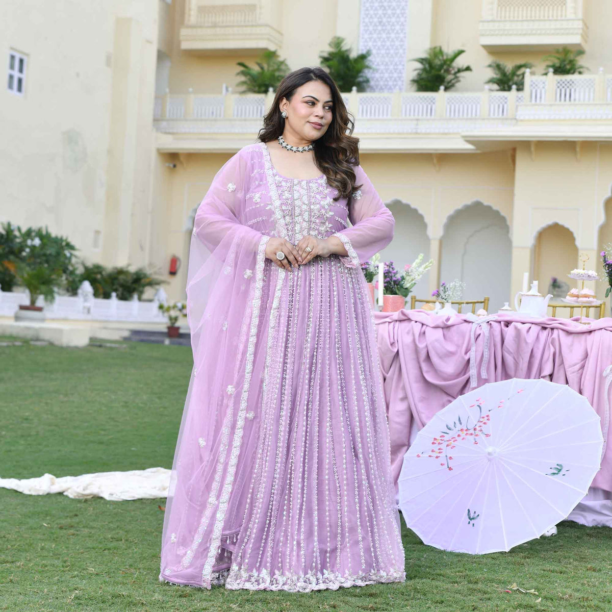 Dione- Periwinkle Pearl & Sequin Embroidered Net Cape Lehenga Set