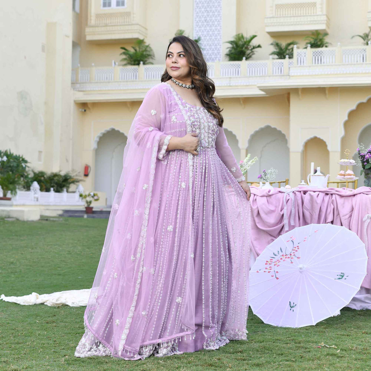 Dione- Periwinkle Pearl & Sequin Embroidered Net Cape Lehenga Set