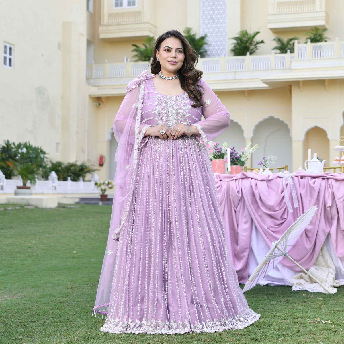 Dione- Periwinkle Pearl & Sequin Embroidered Net Cape Lehenga Set