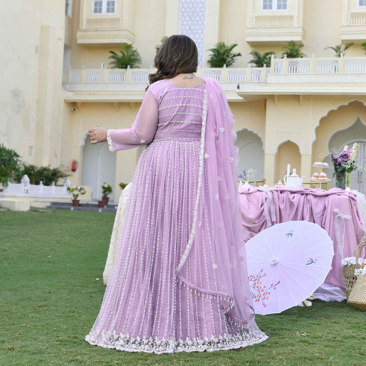 Dione- Periwinkle Pearl & Sequin Embroidered Net Cape Lehenga Set