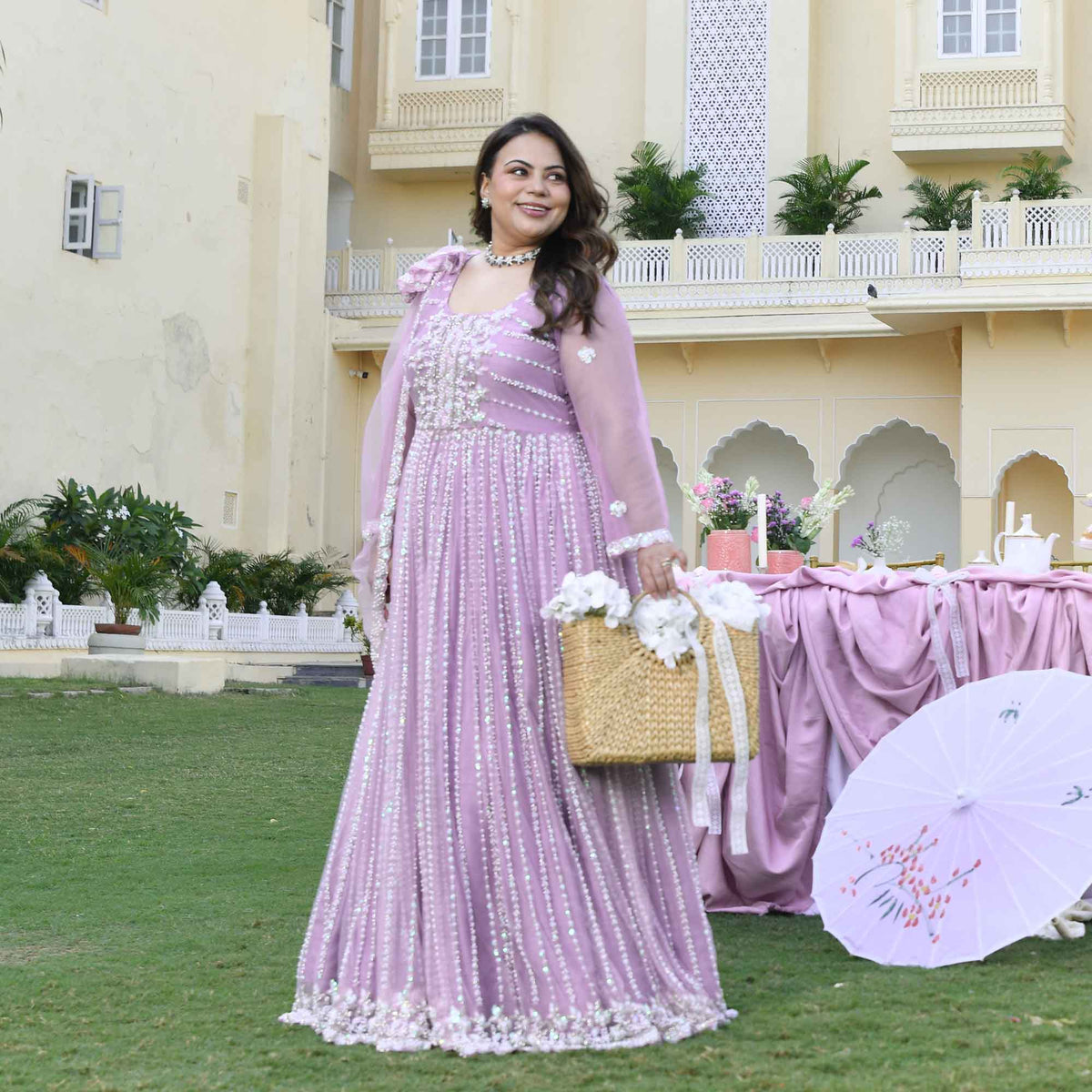 Dione- Periwinkle Pearl & Sequin Embroidered Net Cape Lehenga Set