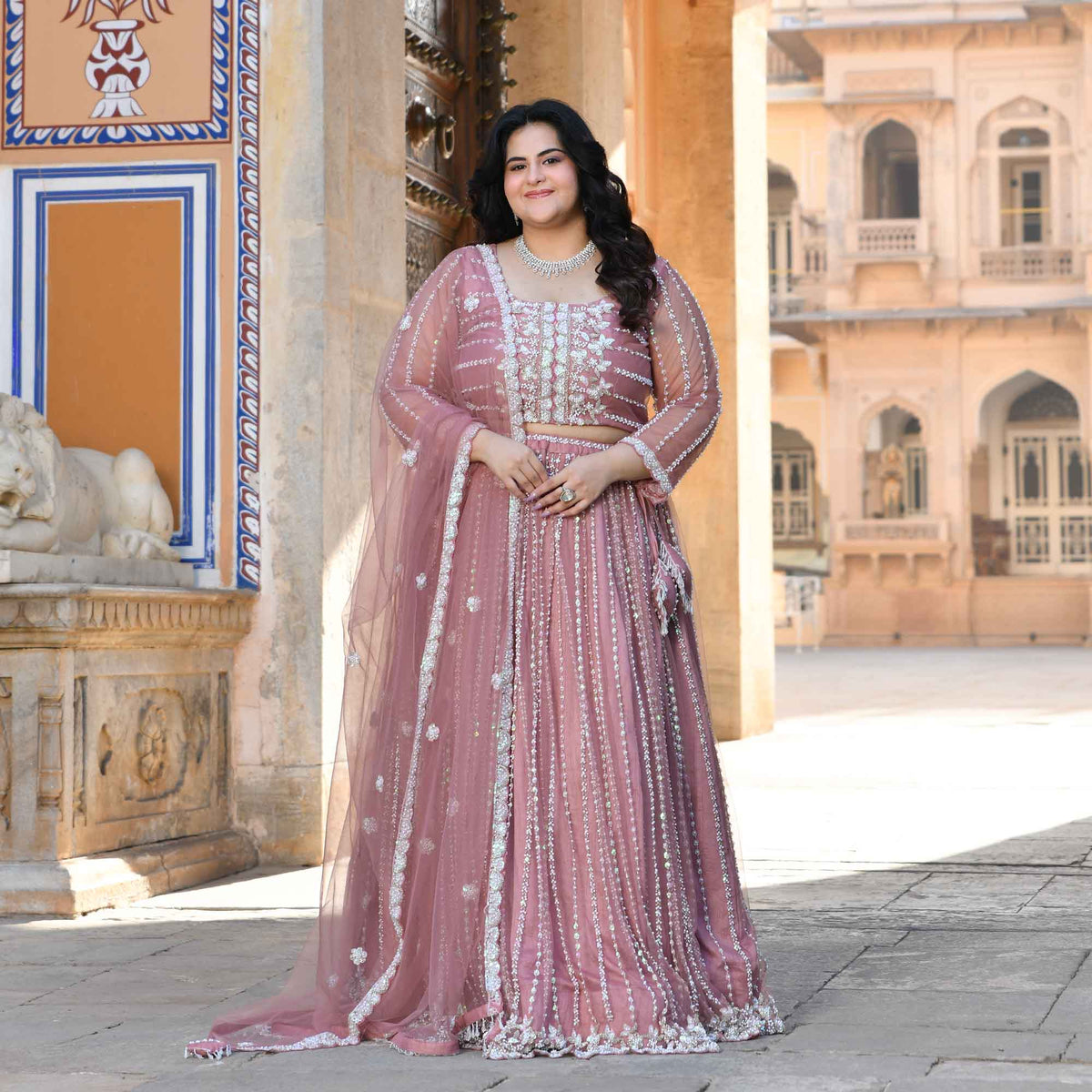 Iris- Apricot Blush Pearl & Sequin Embroidered Net Lehenga Set