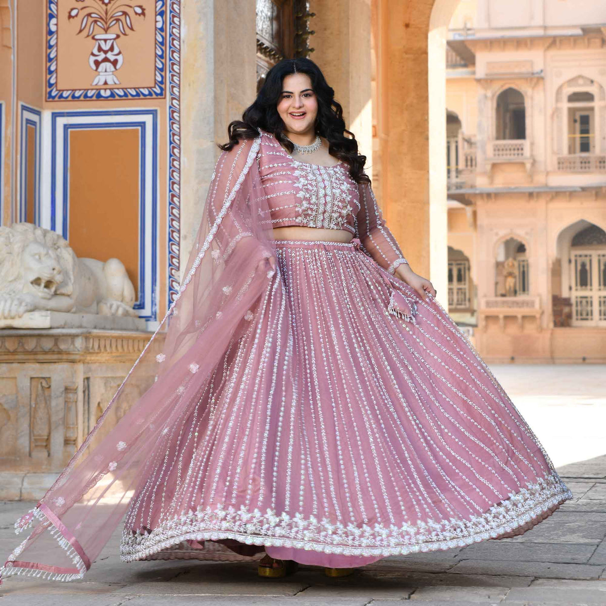 Iris- Apricot Blush Pearl & Sequin Embroidered Net Lehenga Set