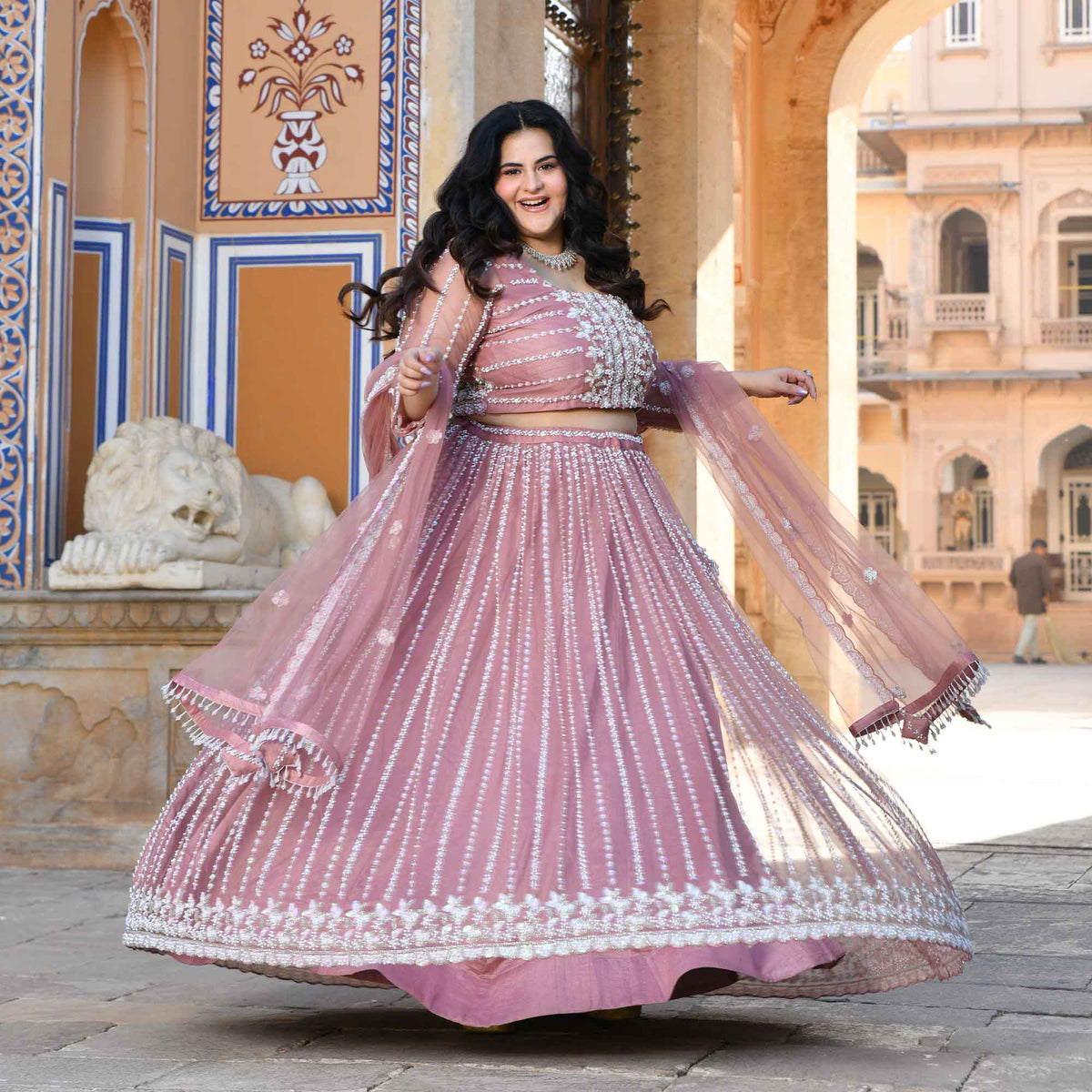 Iris- Apricot Blush Pearl & Sequin Embroidered Net Lehenga Set