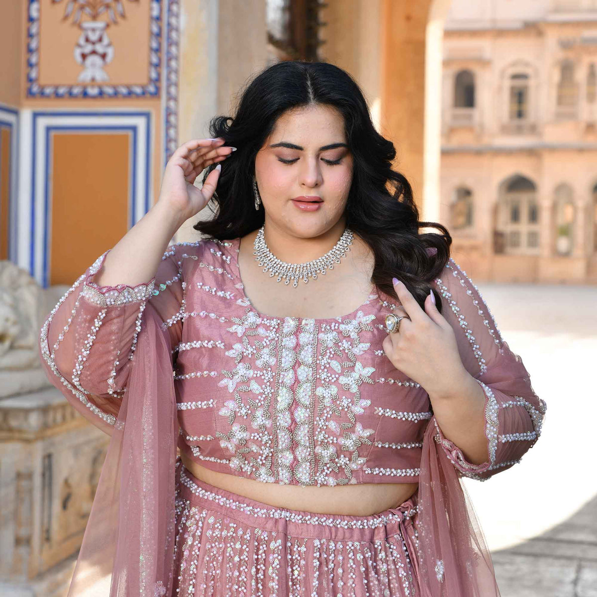 Iris- Apricot Blush Pearl & Sequin Embroidered Net Lehenga Set