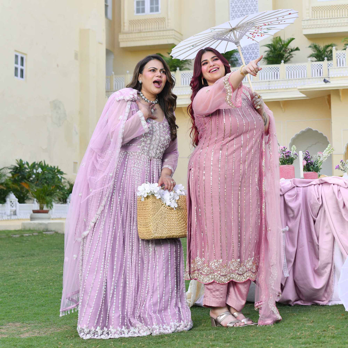 Dione- Periwinkle Pearl & Sequin Embroidered Net Cape Lehenga Set