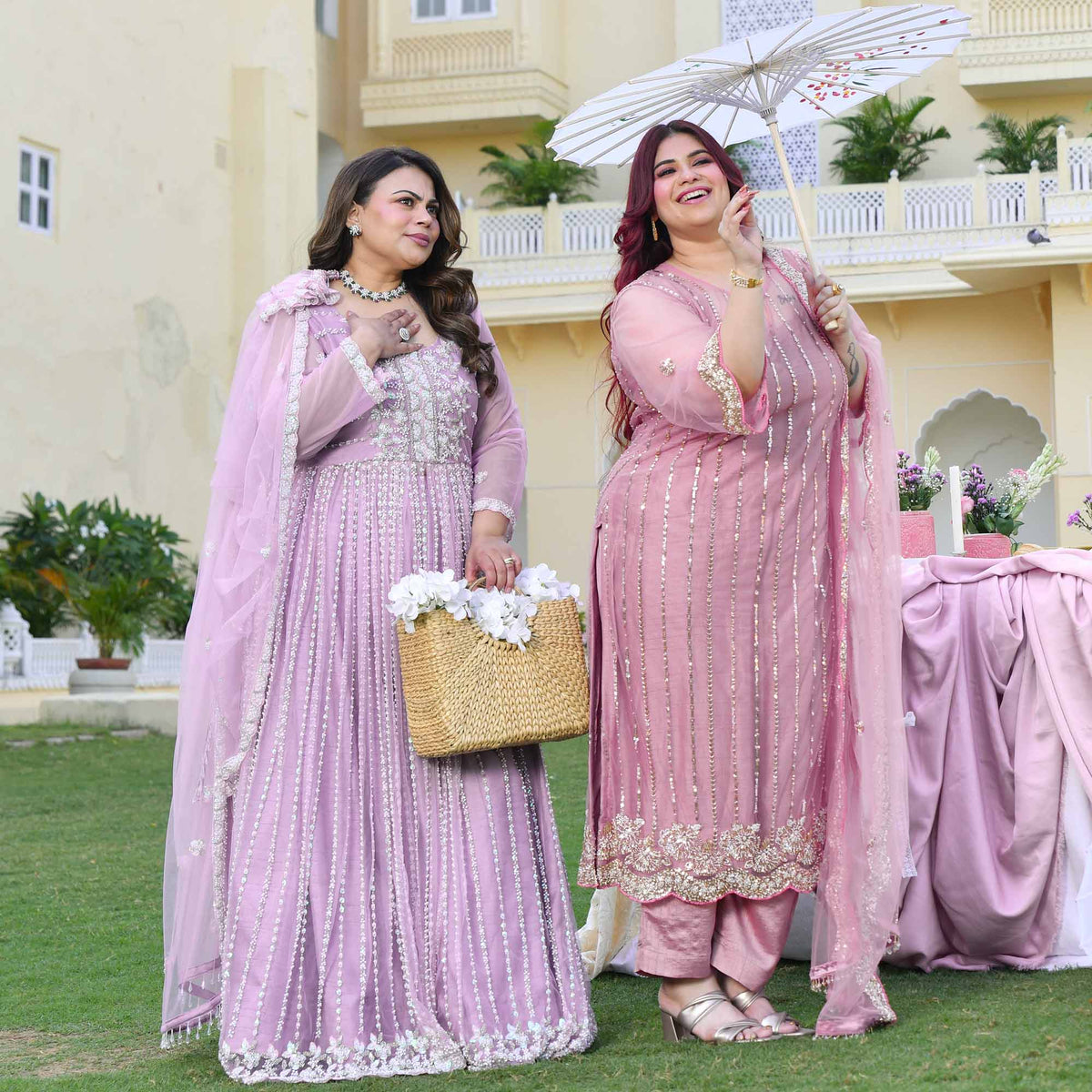 Dione- Periwinkle Pearl & Sequin Embroidered Net Cape Lehenga Set