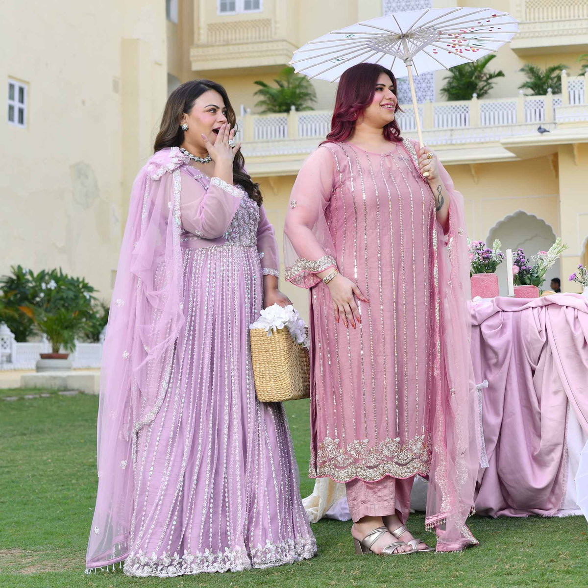 Dione- Periwinkle Pearl & Sequin Embroidered Net Cape Lehenga Set