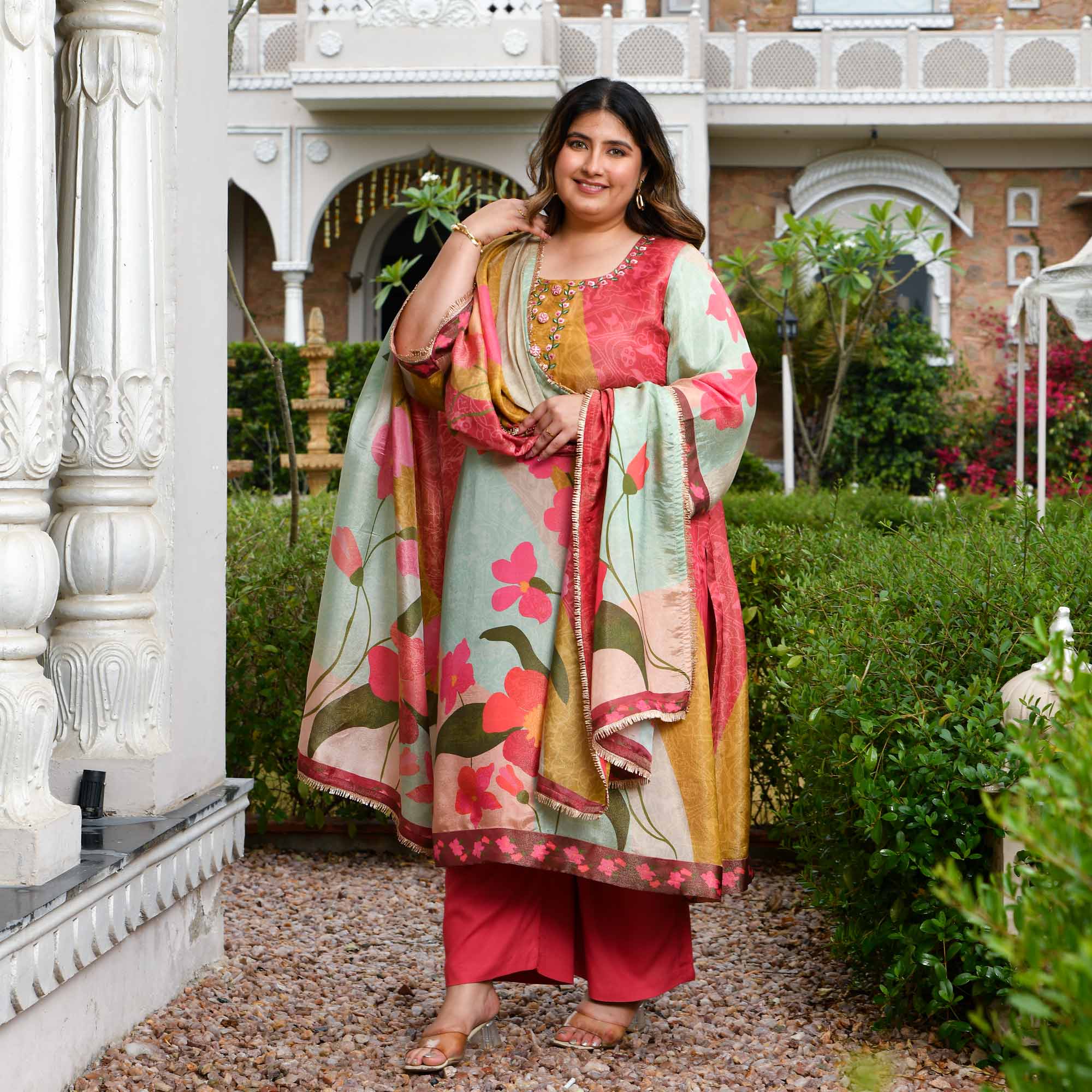 Gardenia- Strawberry Floral Printed Pure Tissue Organza Suit Set