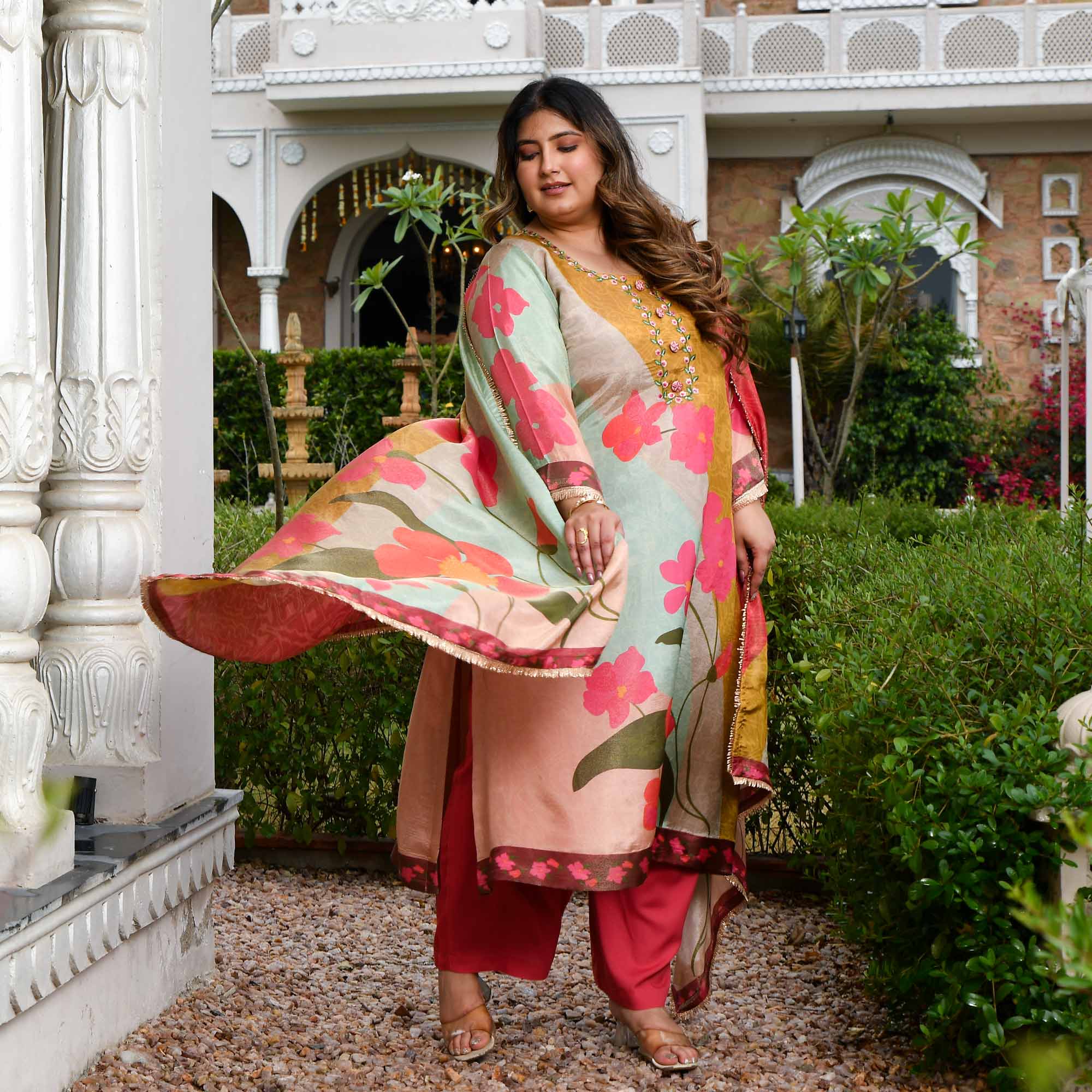 Gardenia- Strawberry Floral Printed Pure Tissue Organza Suit Set
