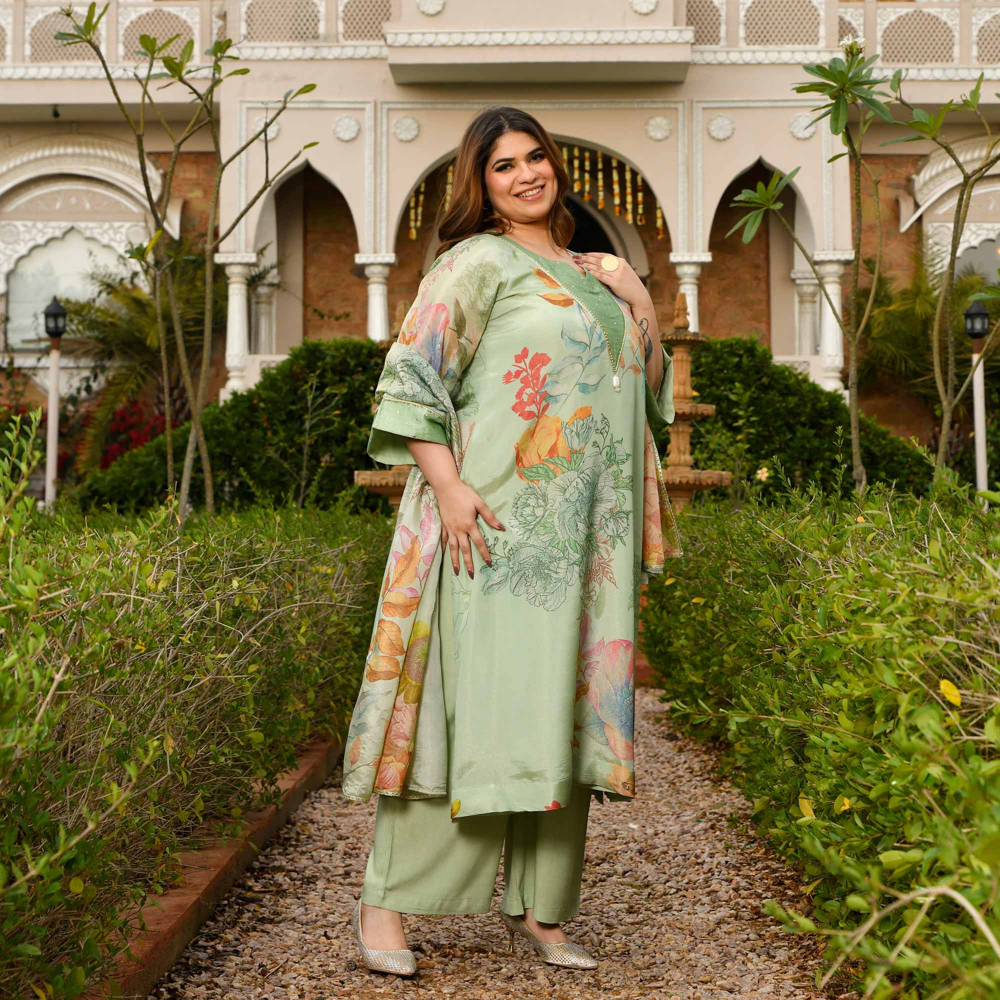 Vanilla Love- Mint Green Floral Printed Pure Tissue Organza Suit Set