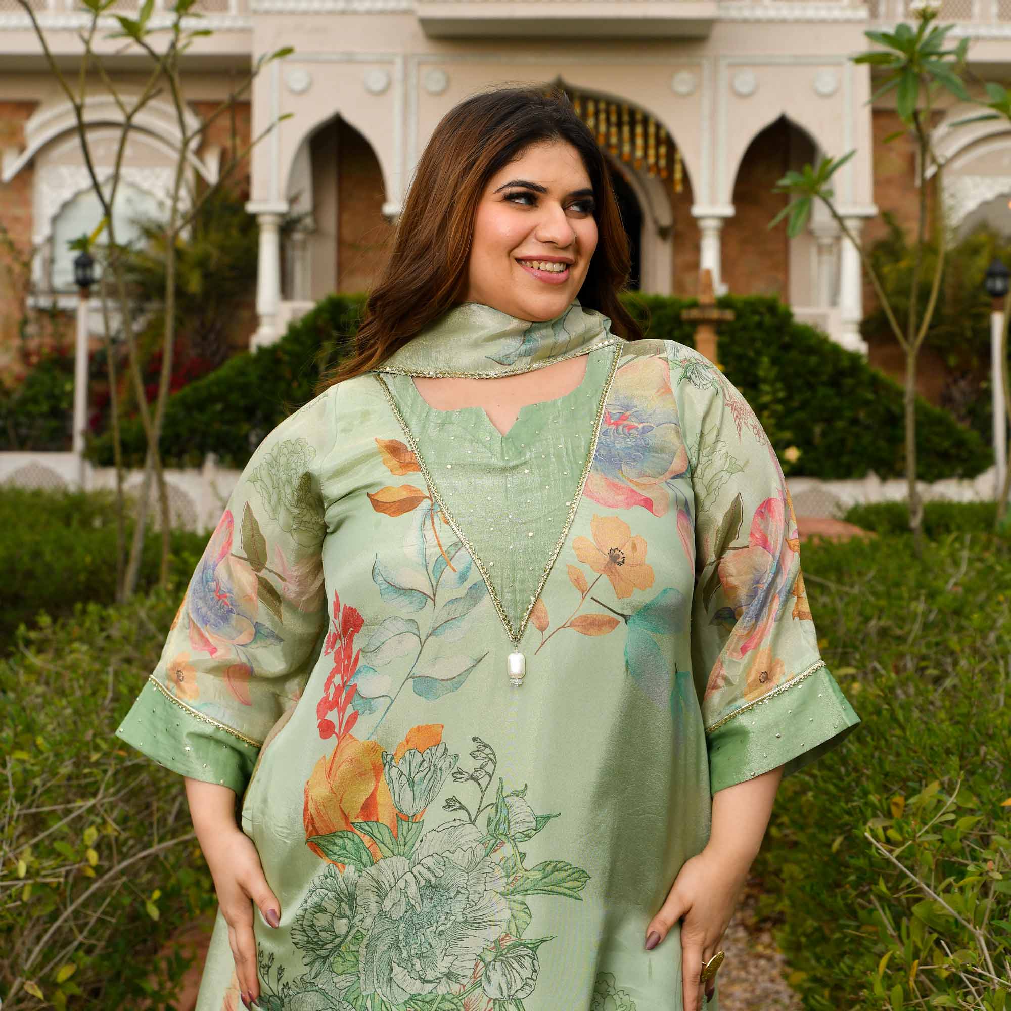 Vanilla Love- Mint Green Floral Printed Pure Tissue Organza Suit Set