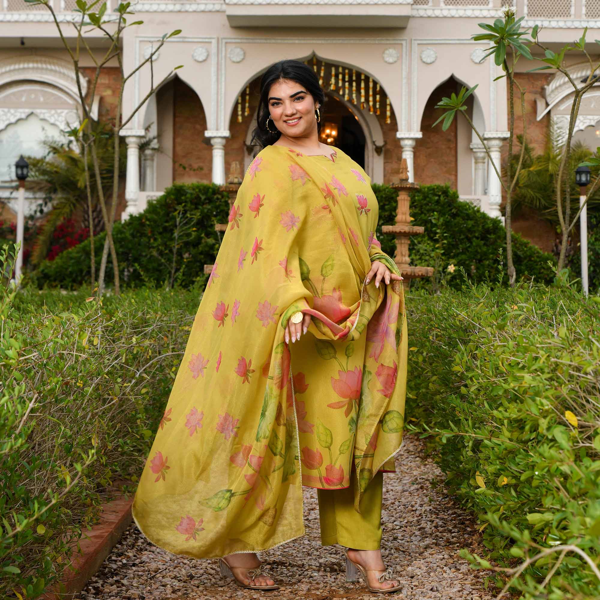 Morning Date- Dusky Yellow Lotus Printed Pure Tissue Organza Suit Set