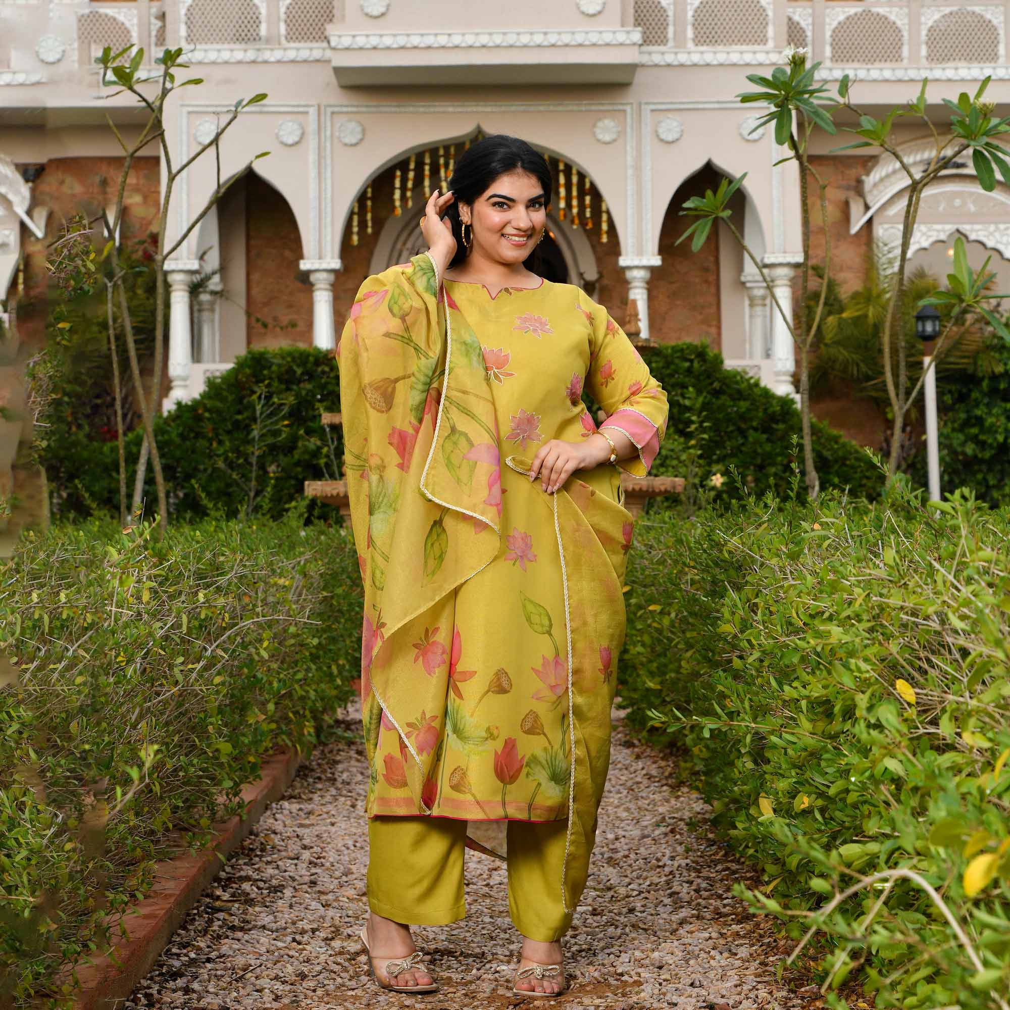 Morning Date- Dusky Yellow Lotus Printed Pure Tissue Organza Suit Set