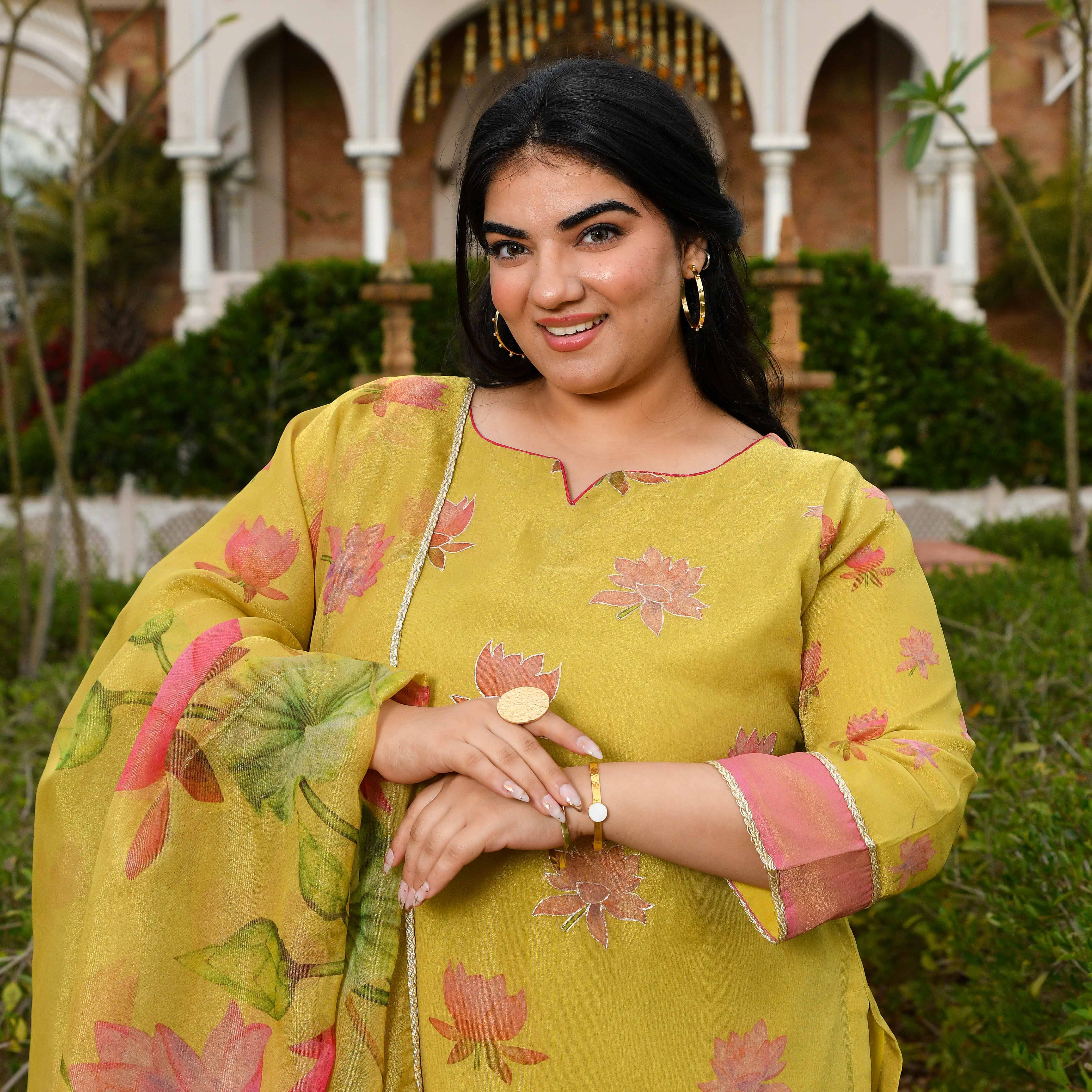 Morning Date- Dusky Yellow Lotus Printed Pure Tissue Organza Suit Set