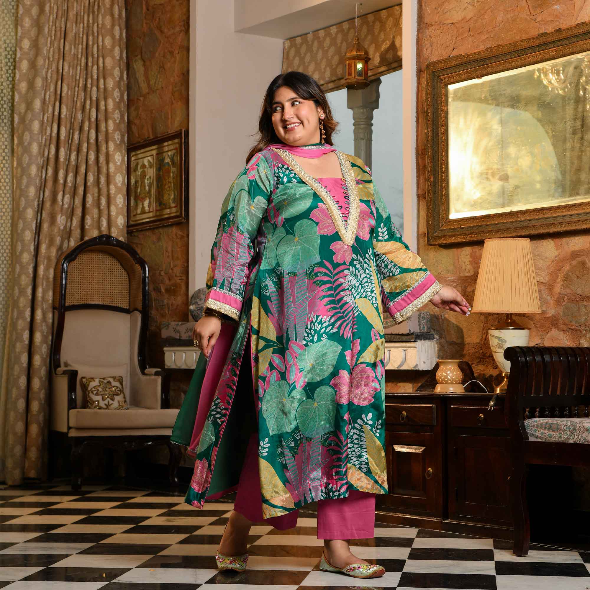 Water Lily- Teal Tropical Printed Pure Organza Suit Set