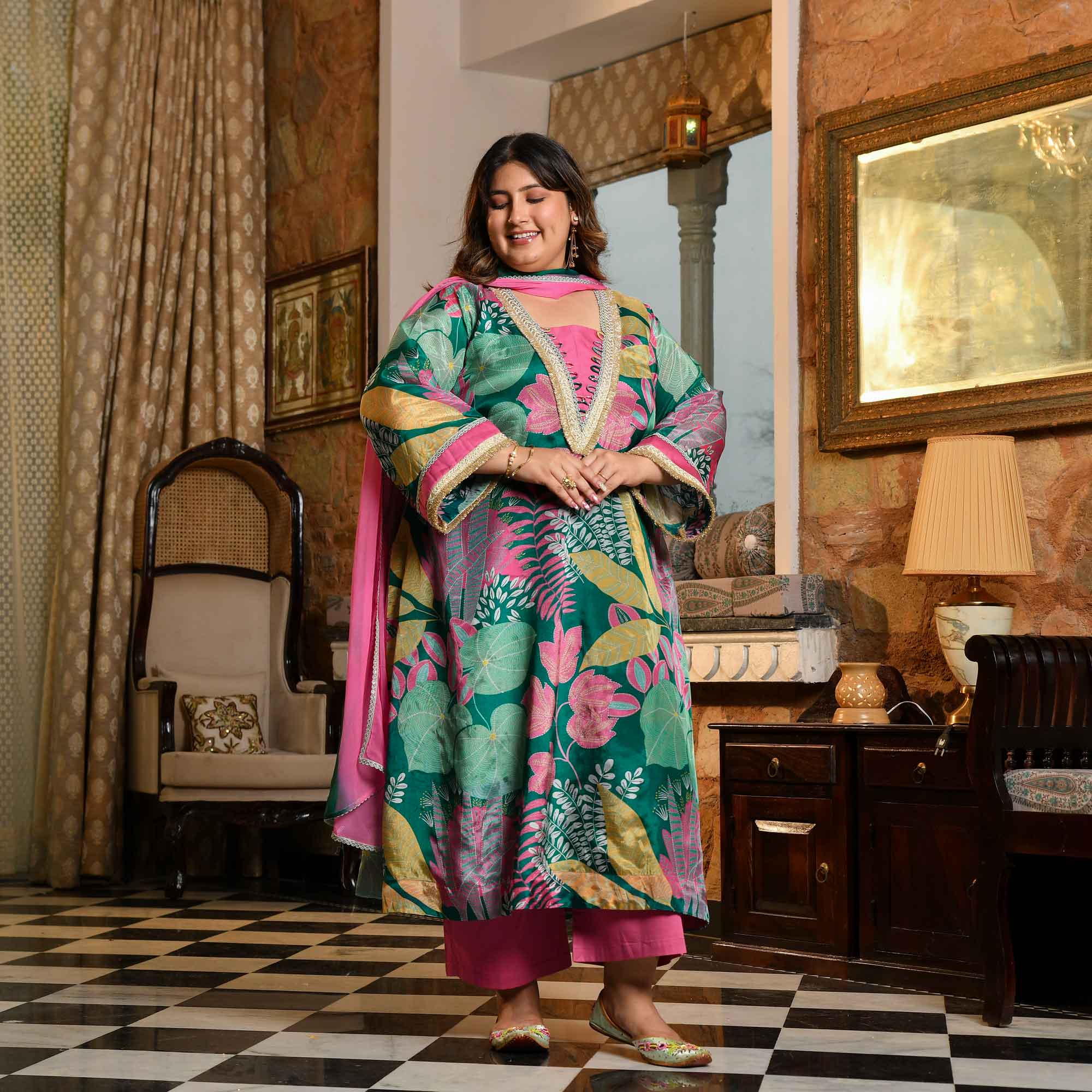 Water Lily- Teal Tropical Printed Pure Organza Suit Set