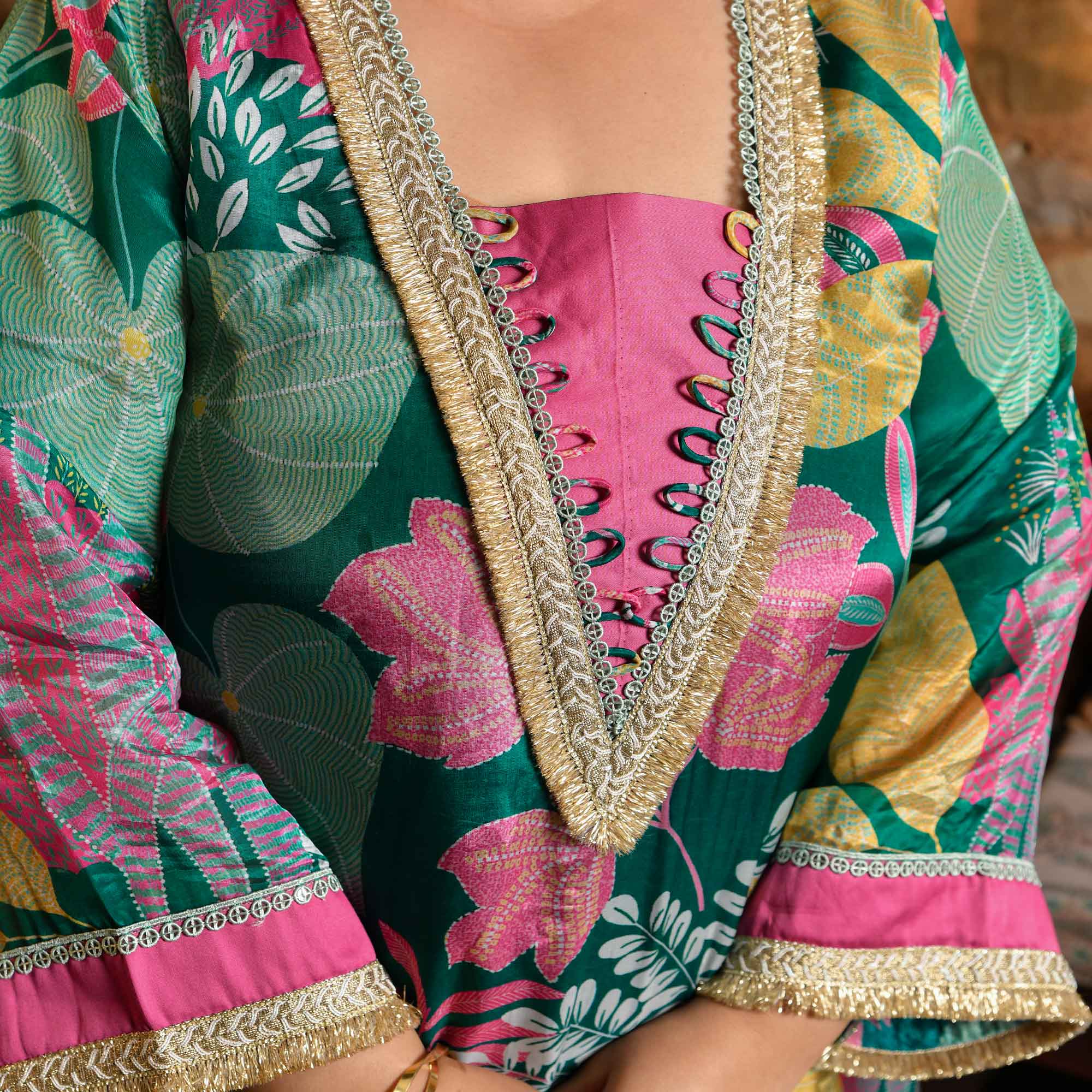Water Lily- Teal Tropical Printed Pure Organza Suit Set