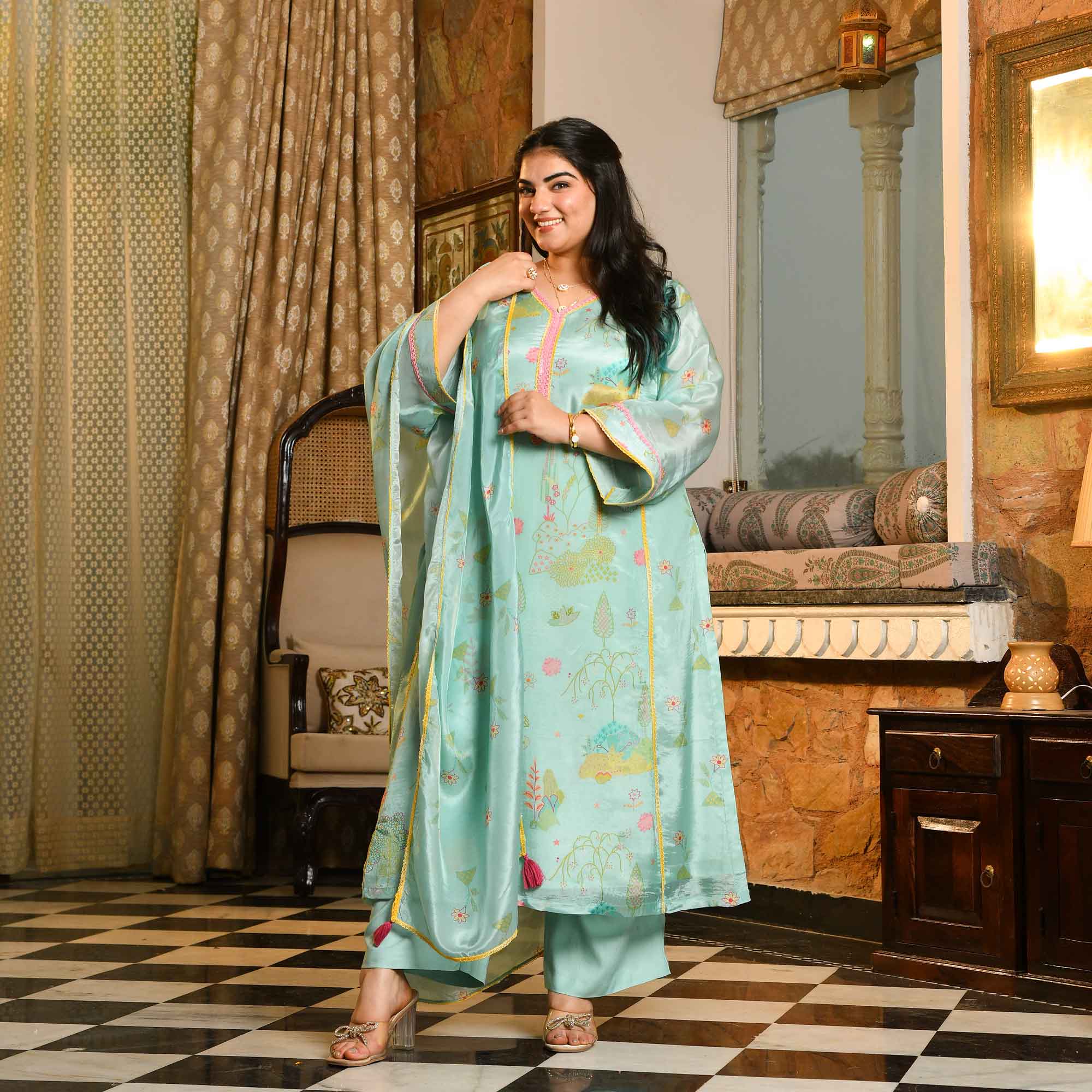 Misty Mimosa- Light Blue-green Floral Printed Pure Organza Aline Suit Set