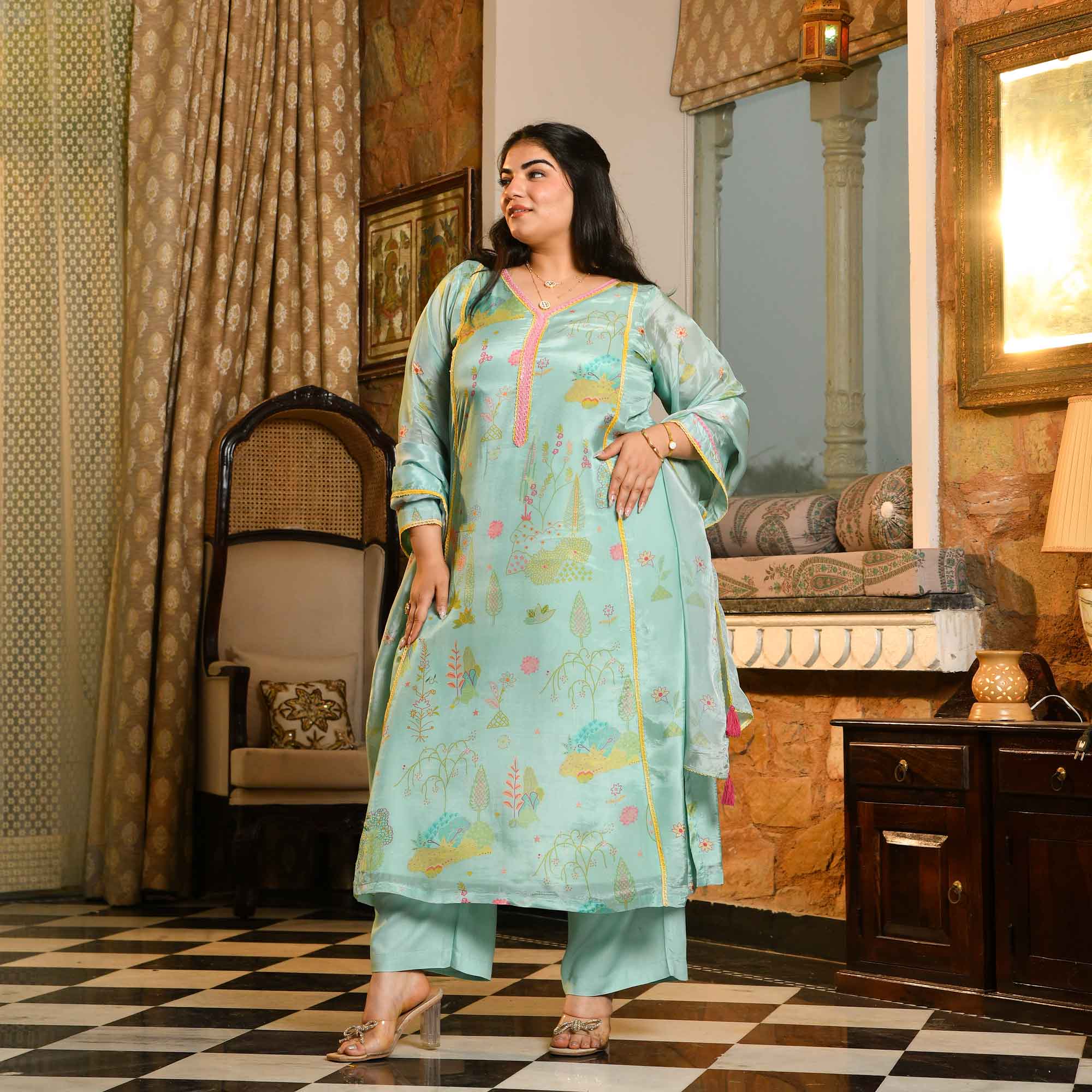 Misty Mimosa- Light Blue-green Floral Printed Pure Organza Aline Suit Set