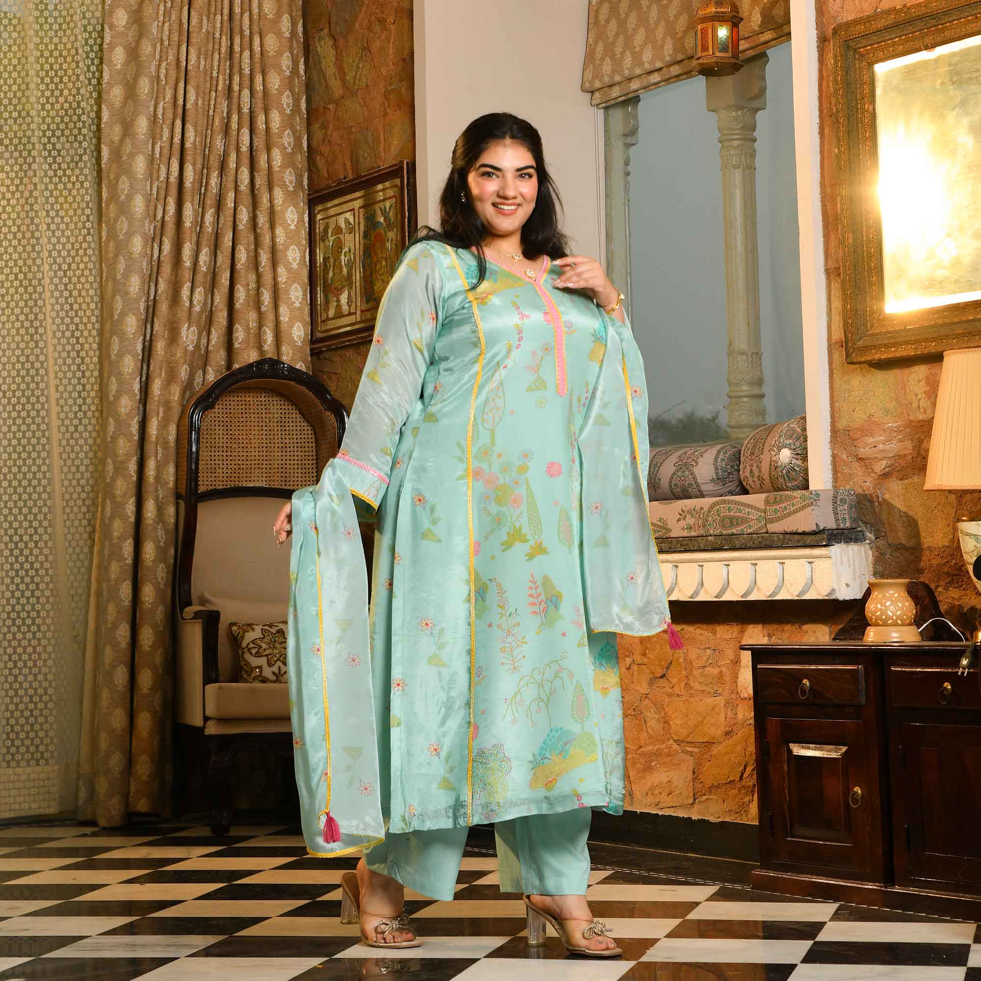 Misty Mimosa- Light Blue-green Floral Printed Pure Organza Aline Suit Set