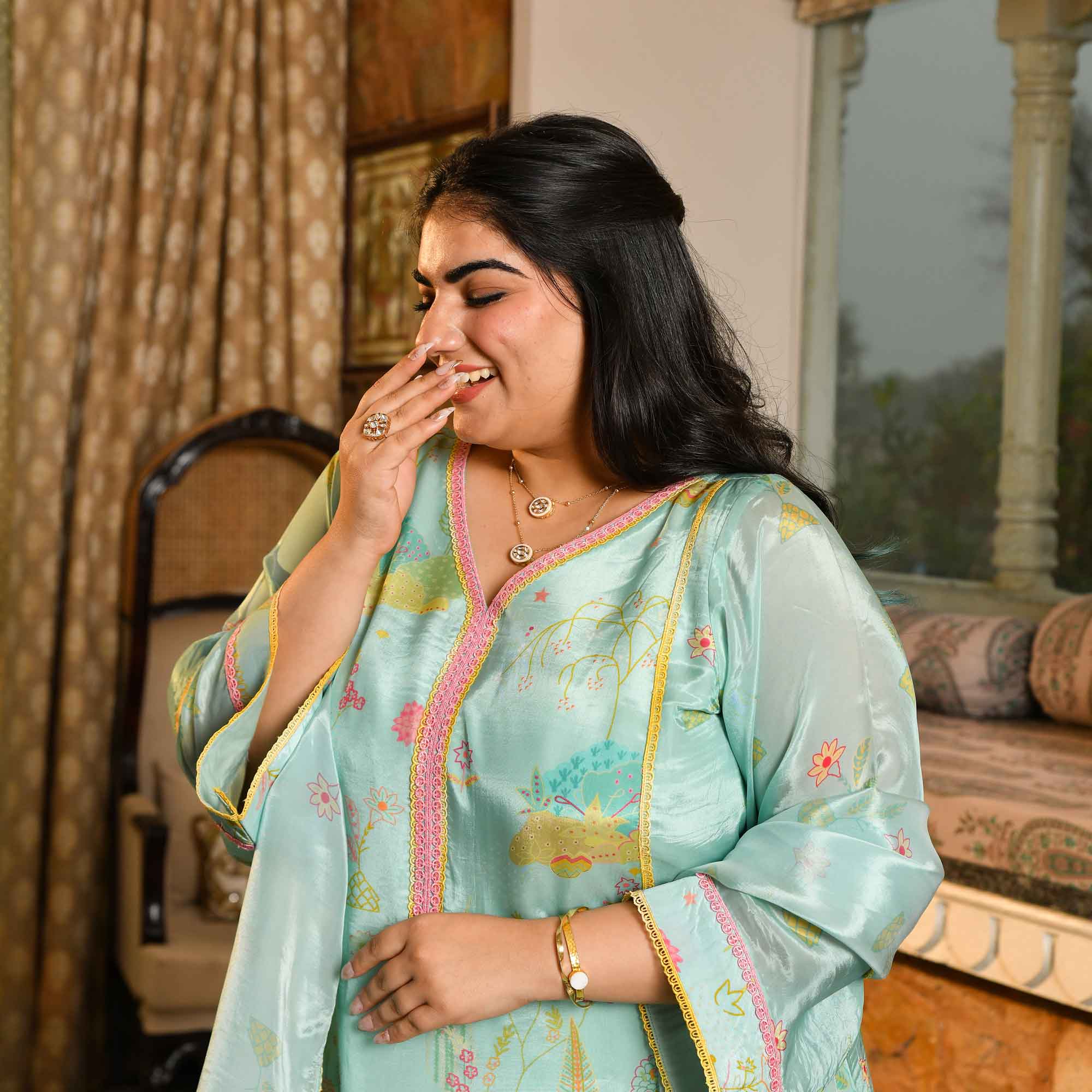 Misty Mimosa- Light Blue-green Floral Printed Pure Organza Aline Suit Set