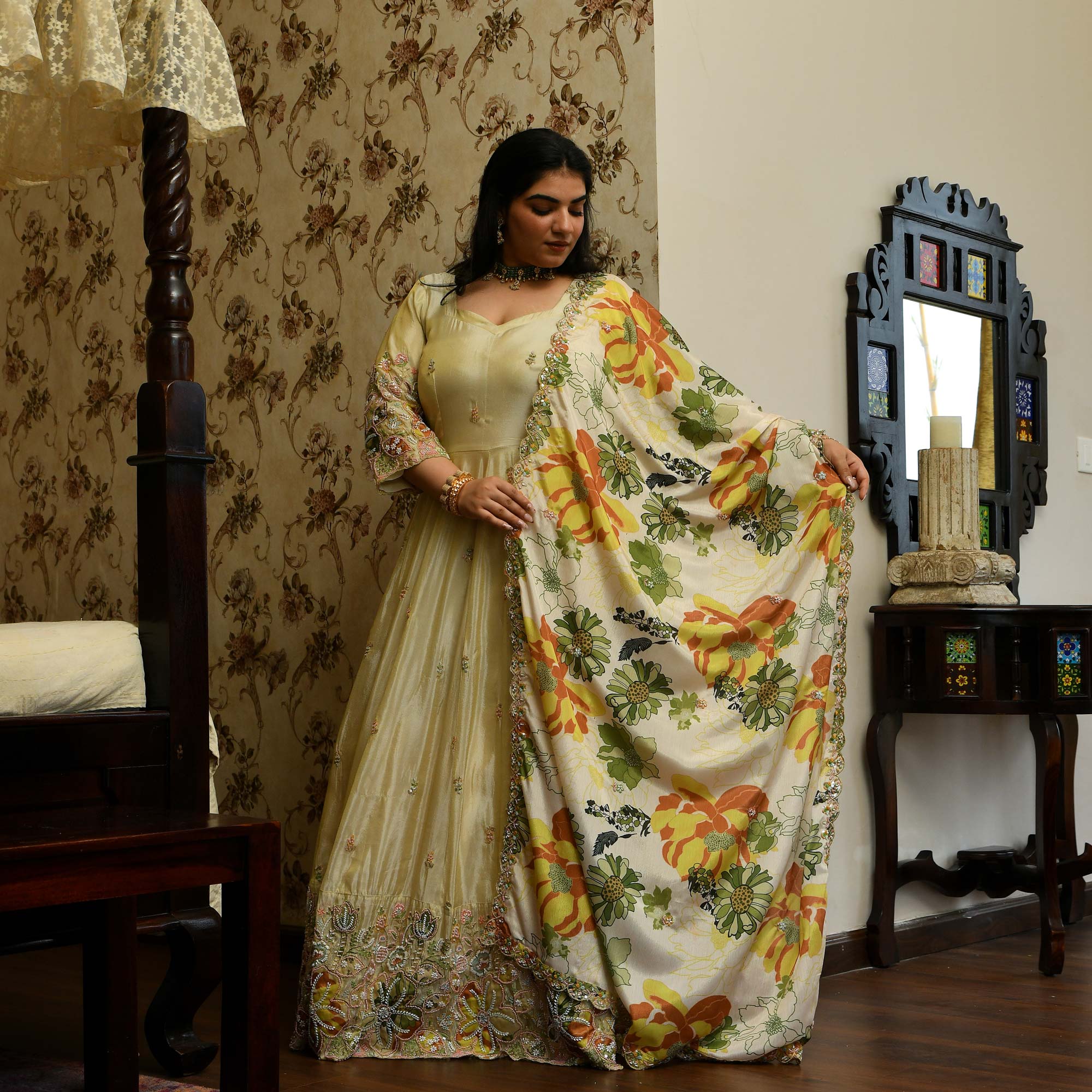 Tere Naina- Ivory & Gold Pure Cosmos Tissue Silk Applique Cutdana Embroidered Anarkali Set