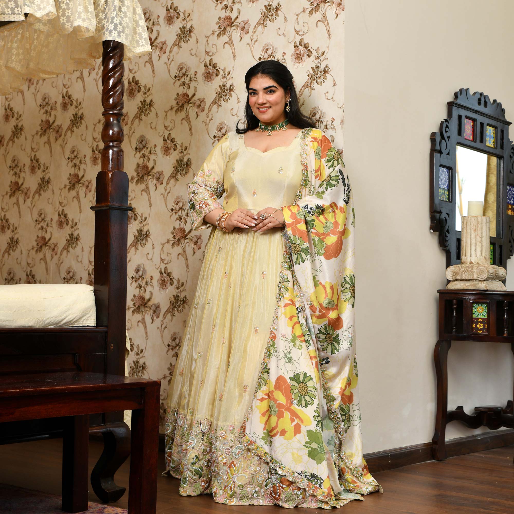 Tere Naina- Ivory & Gold Pure Cosmos Tissue Silk Applique Cutdana Embroidered Anarkali Set