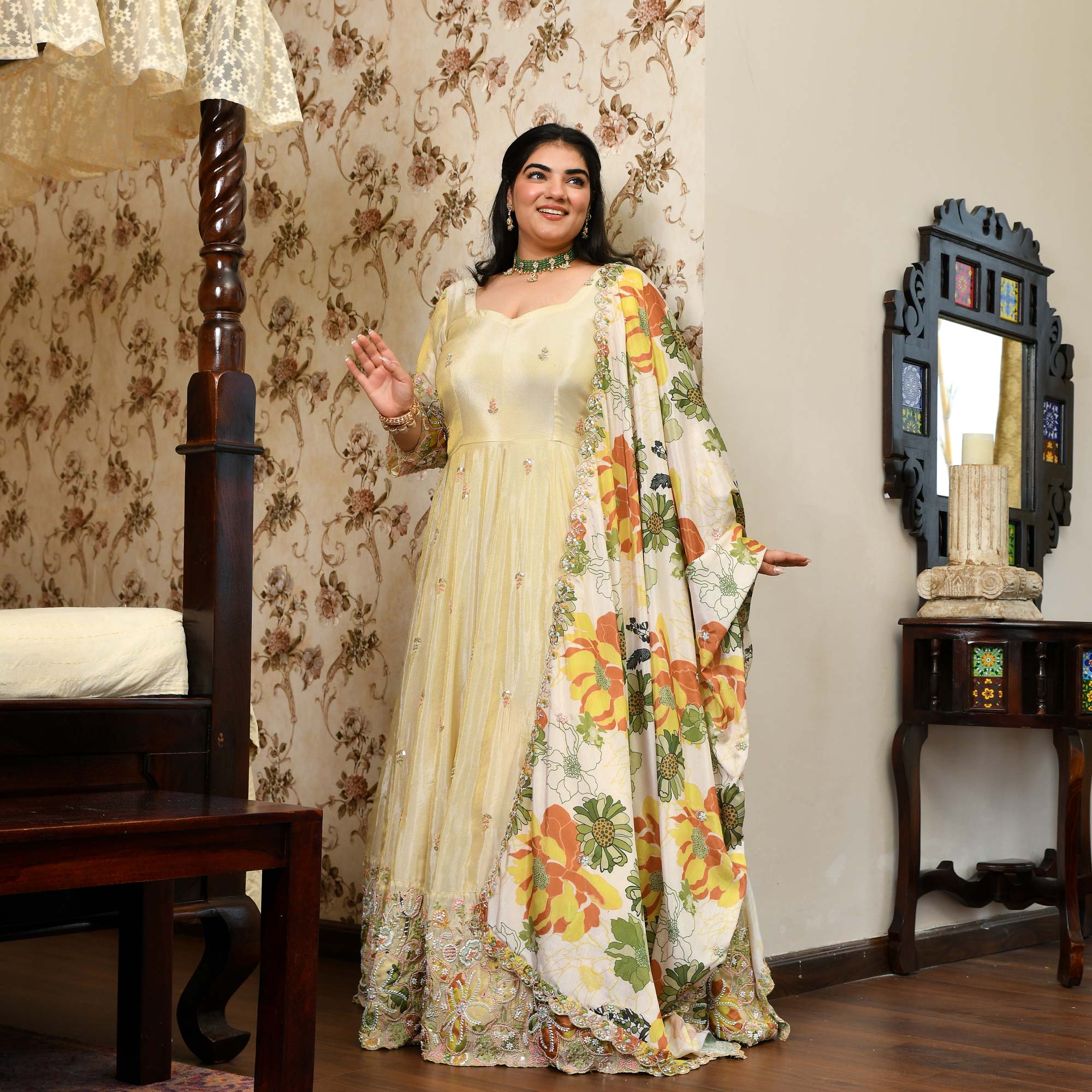 Tere Naina- Ivory & Gold Pure Cosmos Tissue Silk Applique Cutdana Embroidered Anarkali Set