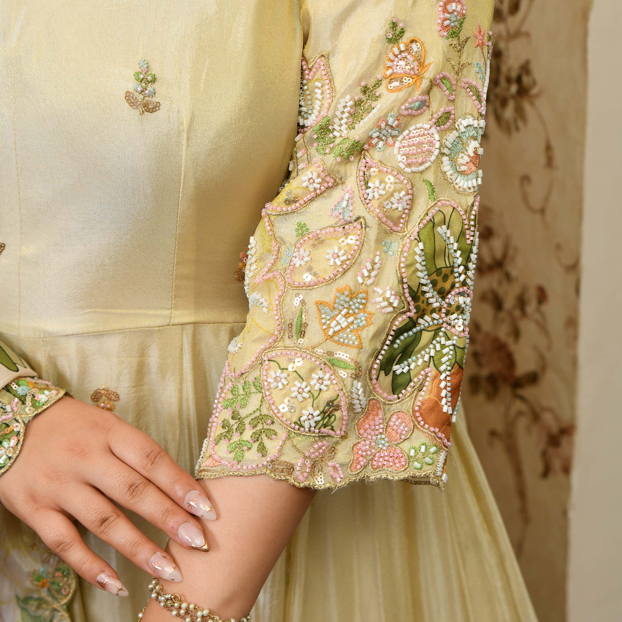 Tere Naina- Ivory & Gold Pure Cosmos Tissue Silk Applique Cutdana Embroidered Anarkali Set