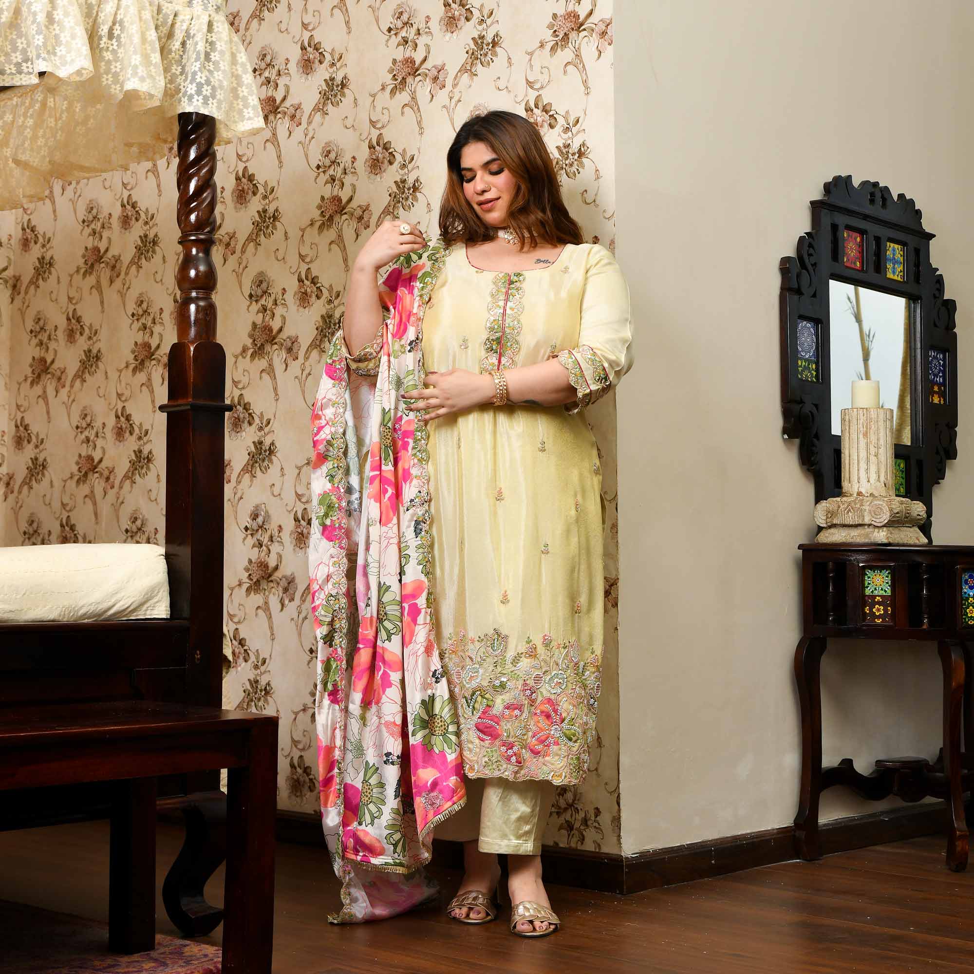 Teri Deewani- Ivory & Gold Pure Cosmos Tissue Silk Cutdana Embroidered Suit Set