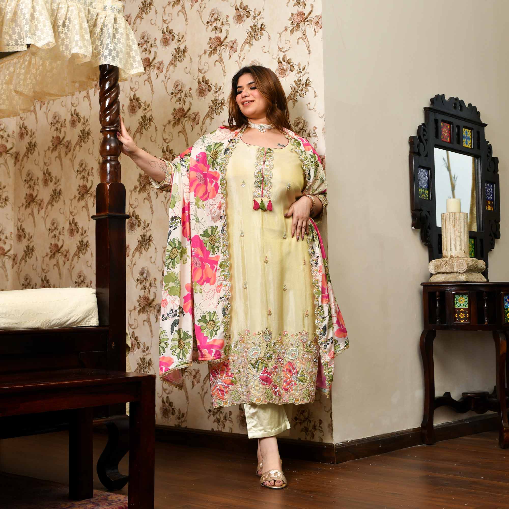 Teri Deewani- Ivory & Gold Pure Cosmos Tissue Silk Cutdana Embroidered Suit Set